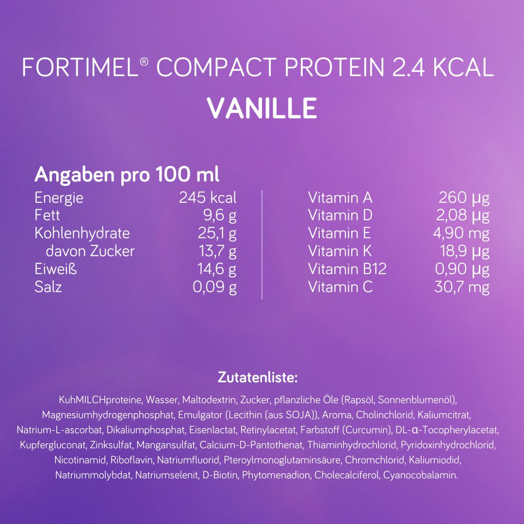 Nährwerttabelle und Zutatenliste für FORTIMEL Compact Protein 2.4 kcal Vanille. Angaben pro 100 ml.