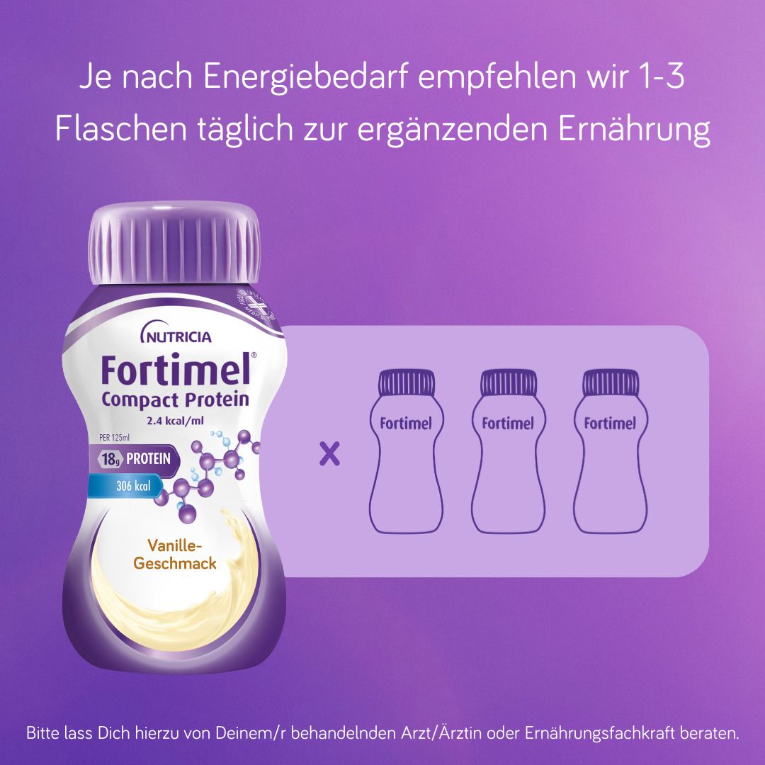Empfehlung: 1-3 Flaschen täglich zur ergänzenden Ernährung. Flasche FORTIMEL Compact Protein 2.4 kcal Vanille.