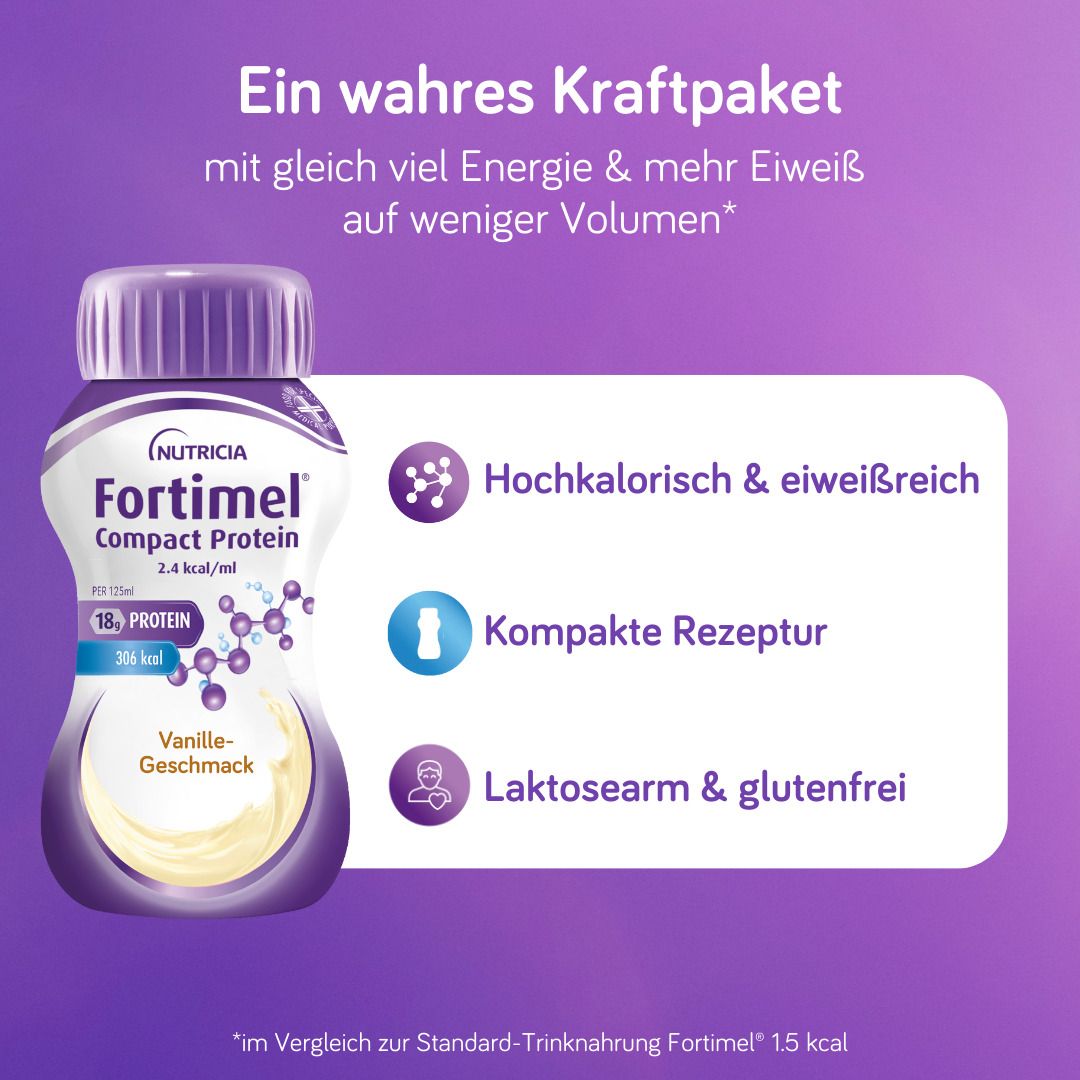 FORTIMEL Compact Protein 2.4 kcal Vanille. Hochkalorisch & eiweißreich, kompakte Rezeptur, laktosearm & glutenfrei.