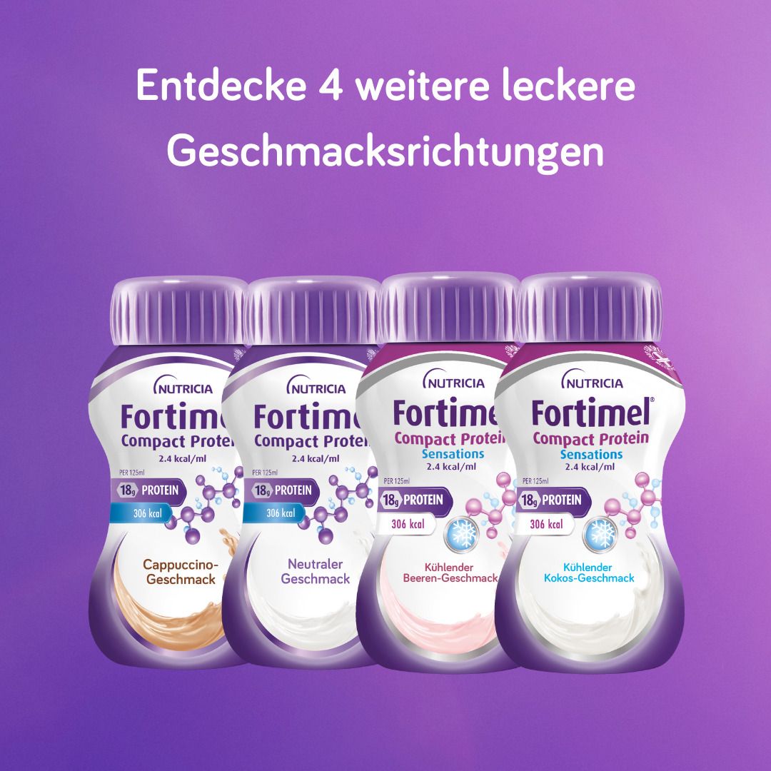 Vier Flaschen FORTIMEL Compact Protein in verschiedenen Geschmacksrichtungen: Cappuccino, Neutral, Beeren, Kokos.