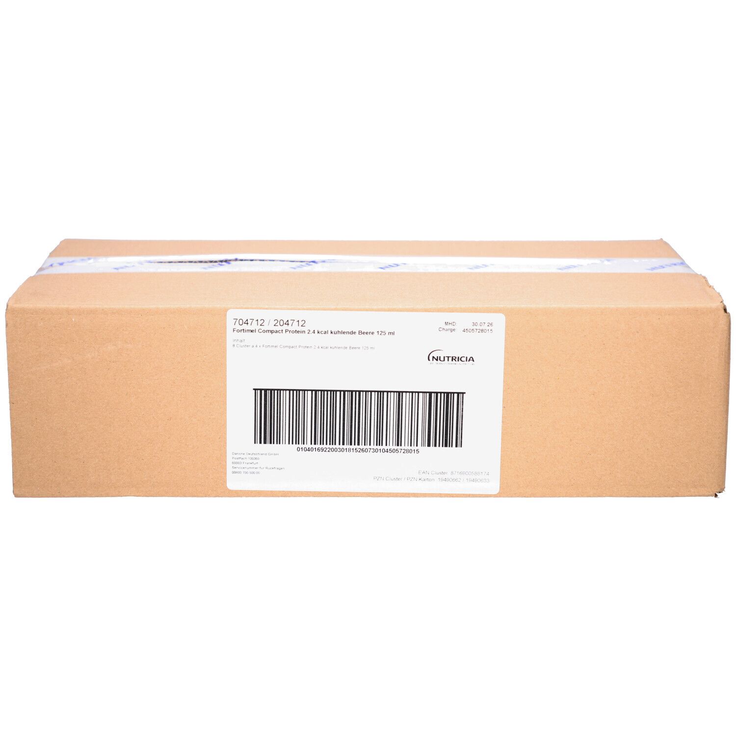 Karton mit Produktetikett und Barcode. Aufschrift: FORTIMEL Compact Protein 2.4 kcal kühlende Beere.