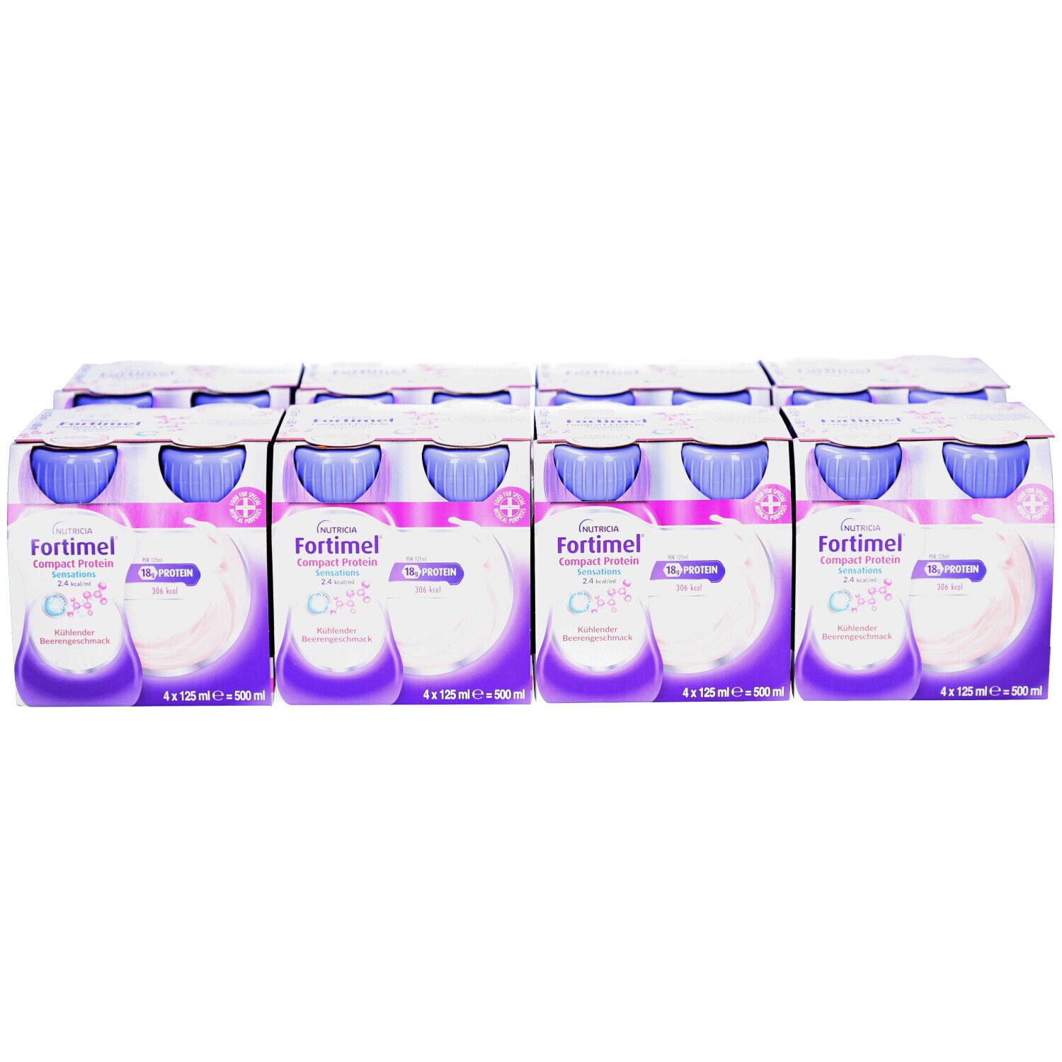 Mehrere Packungen FORTIMEL Compact Protein, kühlende Beere. Jede Packung enthält 4 Flaschen.