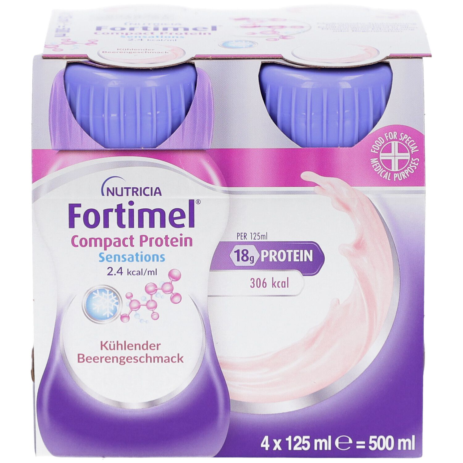 Packung mit vier Flaschen. Jede Flasche hat einen lila Deckel und das Etikett zeigt den Produktnamen und Informationen.