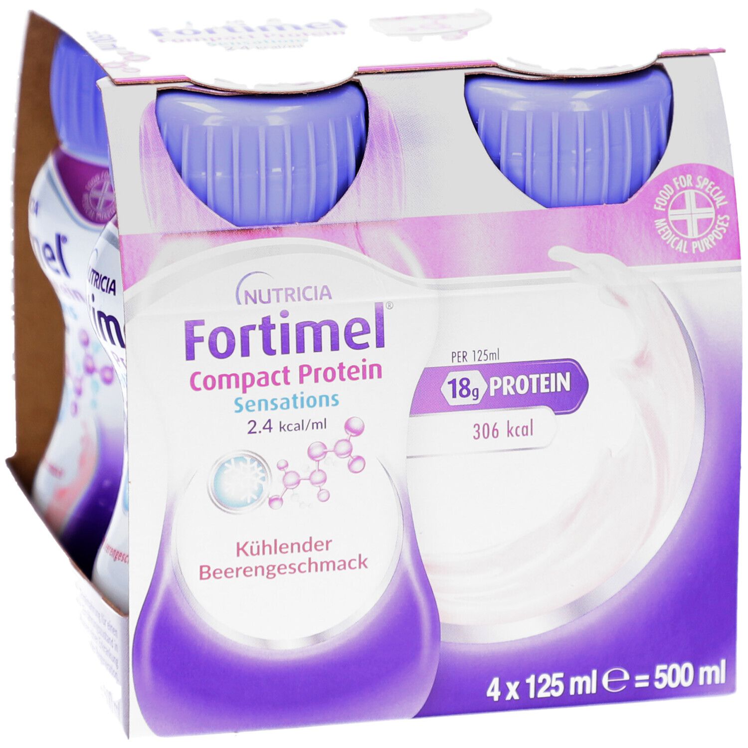 Packung mit vier Flaschen. Jede Flasche hat einen lila Deckel und das Etikett zeigt den Produktnamen und Informationen.