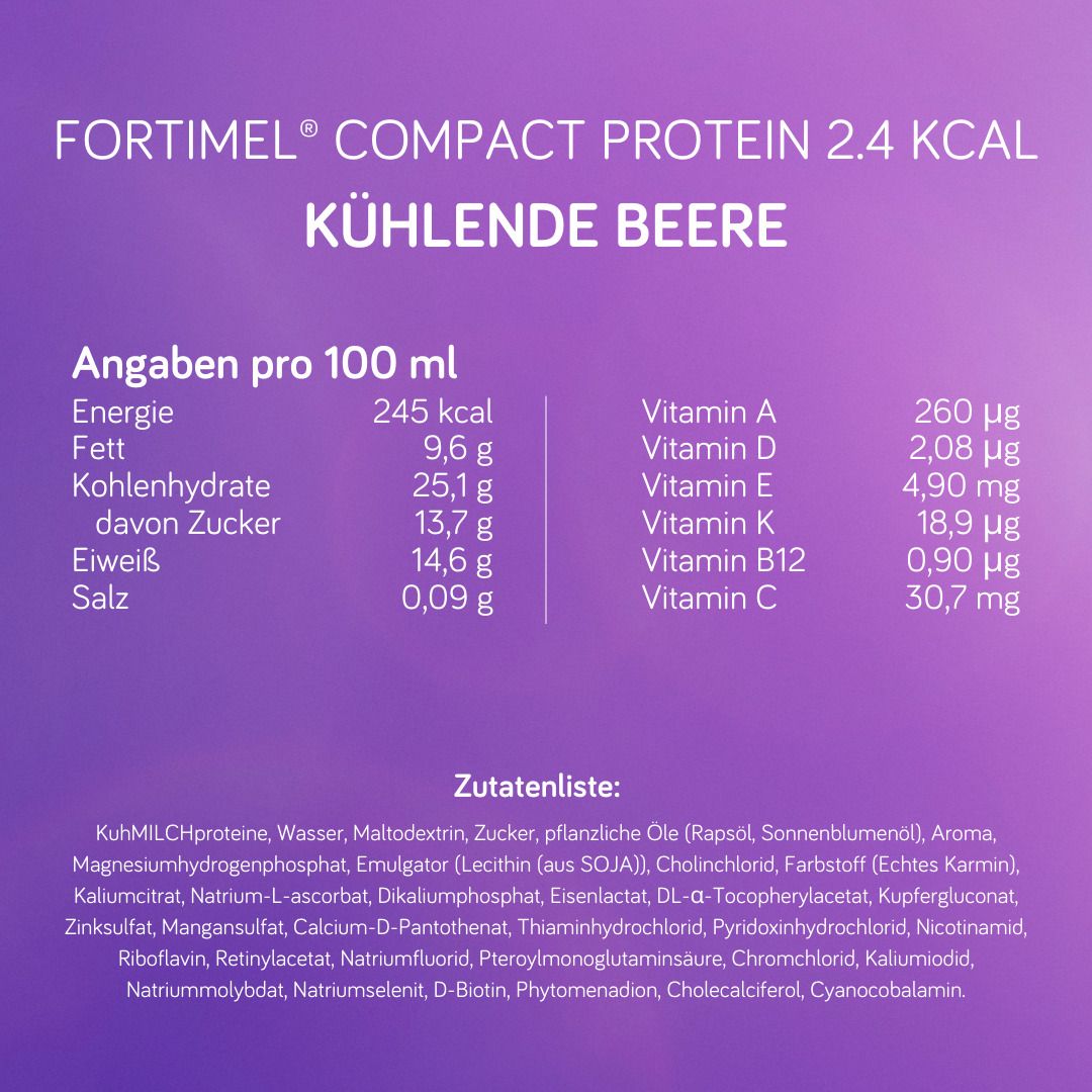 Nährwertangaben pro 100 ml von Fortimel Compact Protein. Enthält Kalorien, Fett, Kohlenhydrate, Zucker, Eiweiß und Salz.