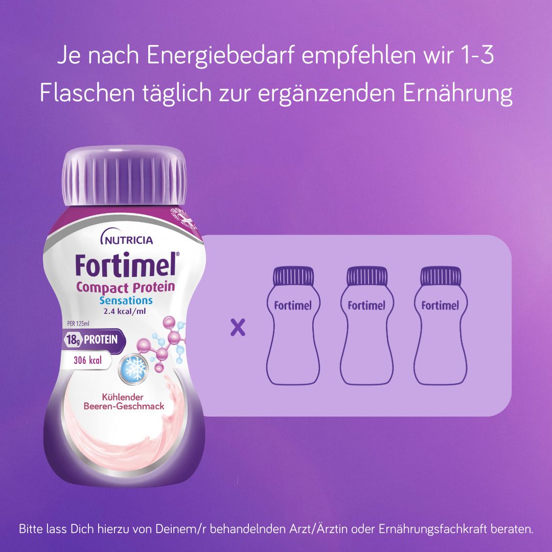 Empfehlung: 1-3 Flaschen täglich zur ergänzenden Ernährung. Flasche Fortimel Compact Protein Sensations Beere.