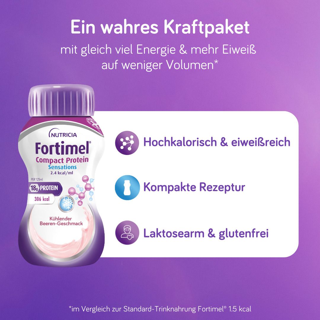 Fortimel Compact Protein Sensations Beere. Hochkalorisch & eiweißreich, kompakte Rezeptur, laktosearm & glutenfrei.