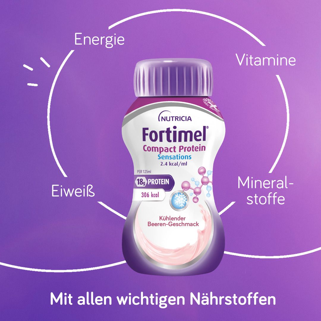 Fortimel Compact Protein Sensations Beere. Enthält Energie, Eiweiß, Vitamine und Mineralstoffe. Lila Hintergrund.