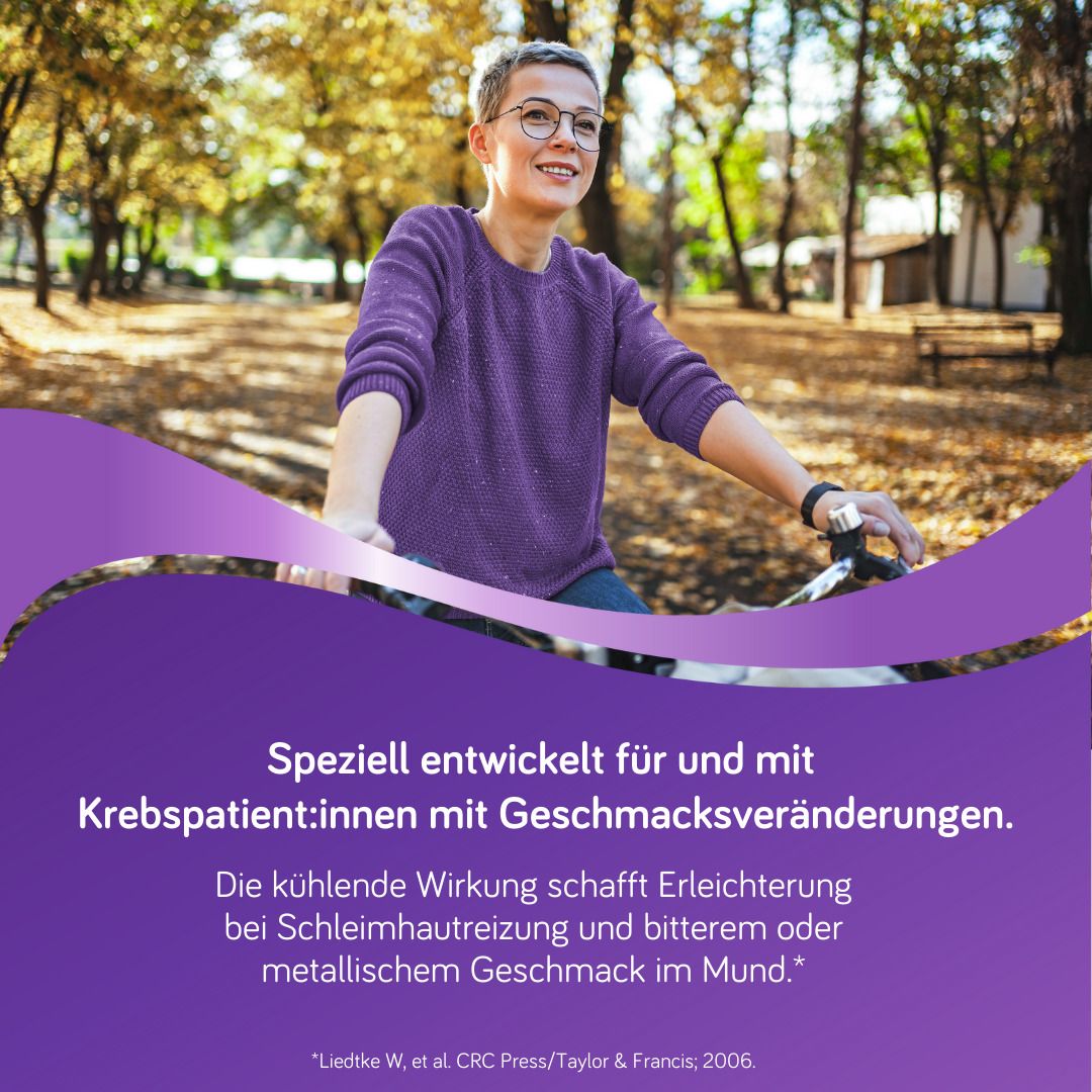 Frau auf Fahrrad. Text: Speziell für Krebspatienten mit Geschmacksveränderungen. Kühlende Wirkung bei Schleimhautreizung.