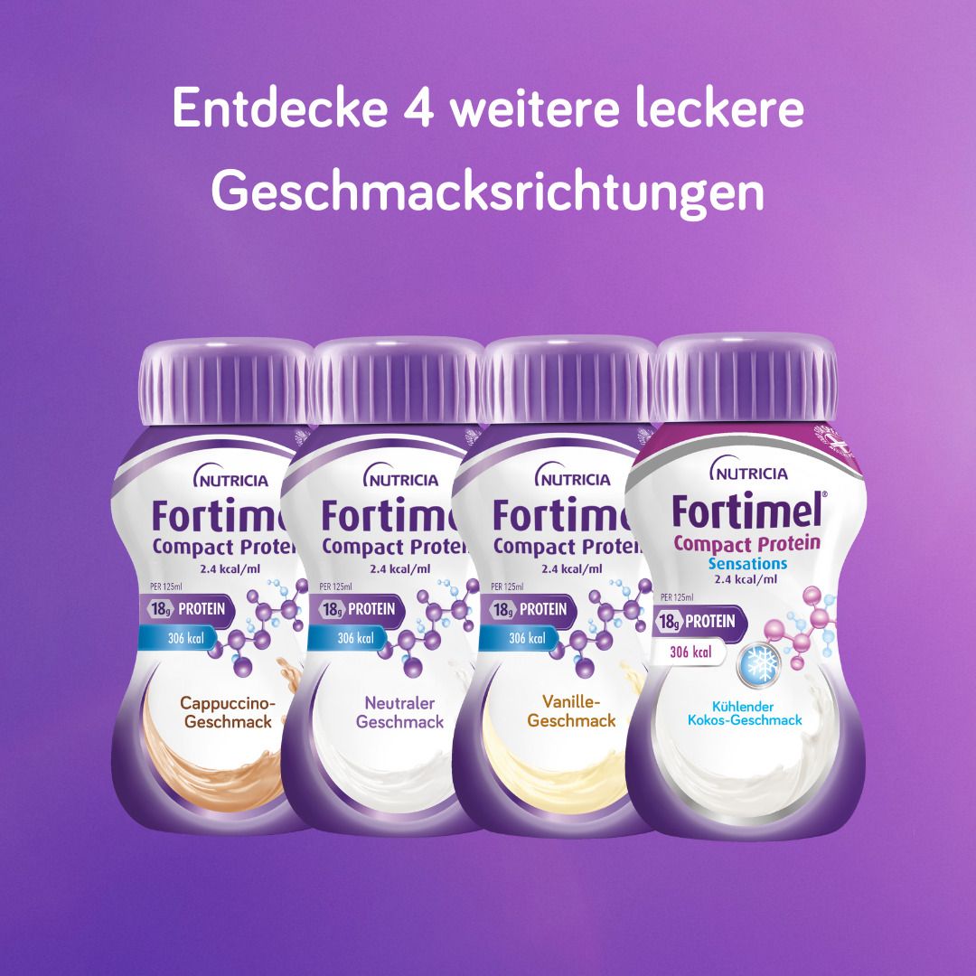 Vier Flaschen Fortimel Compact Protein Sensations in verschiedenen Geschmacksrichtungen: Cappuccino, Neutral, Vanille, Kokos.