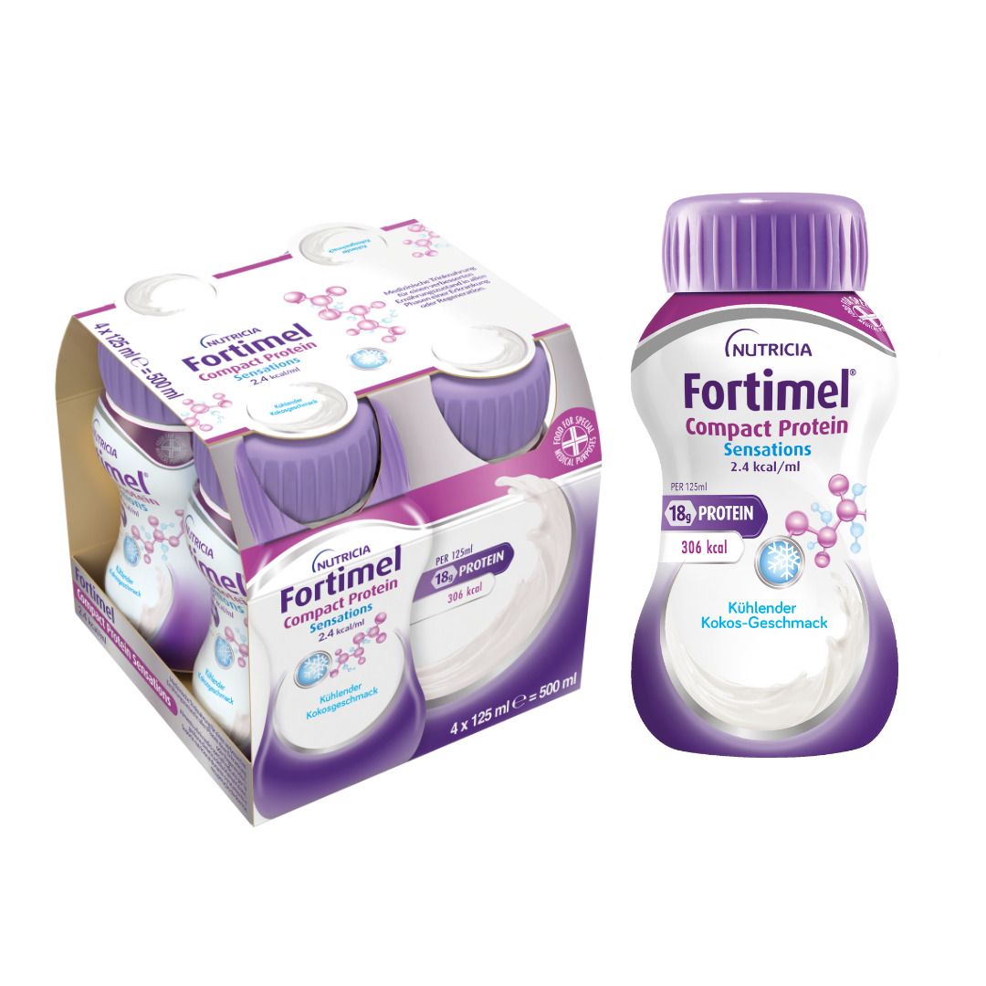 Fortimel Compact Protein Sensations Kokos. Flasche und Packung mit 4 Flaschen. Lila Deckel, weiße Flasche. 125ml.
