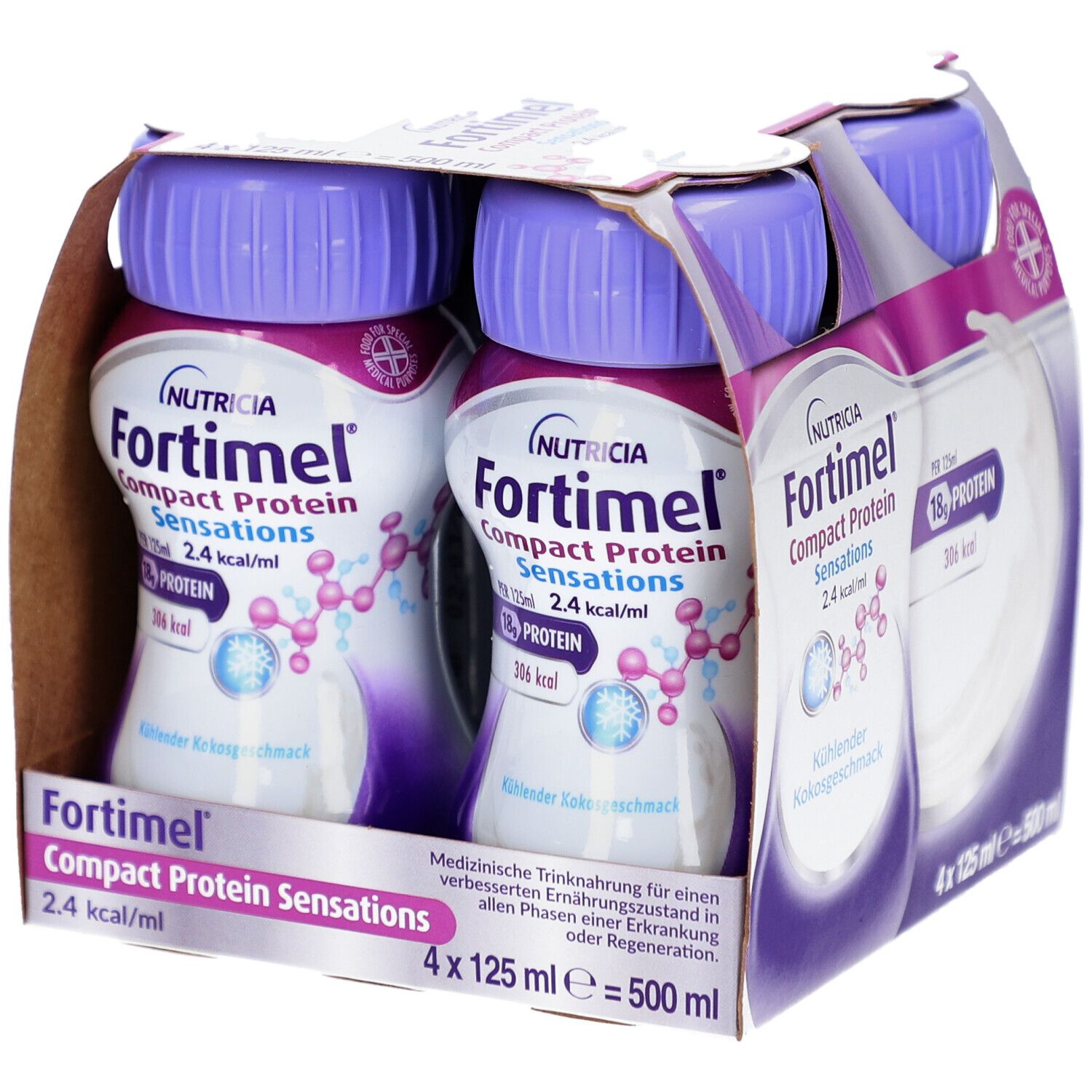 Packung mit vier Flaschen FORTIMEL Compact Protein. Lila Deckel, weißes Etikett mit Produktinformationen. Kühle Kokosnuss.