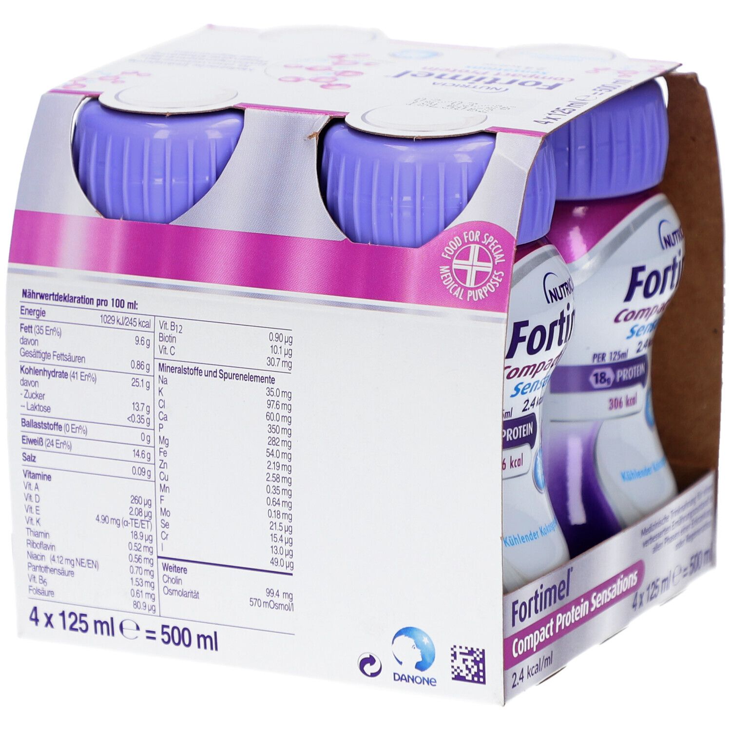 Rückseite der Packung mit FORTIMEL Compact Protein. Nährwerttabelle und Produktinformationen. 4 x 125 ml.