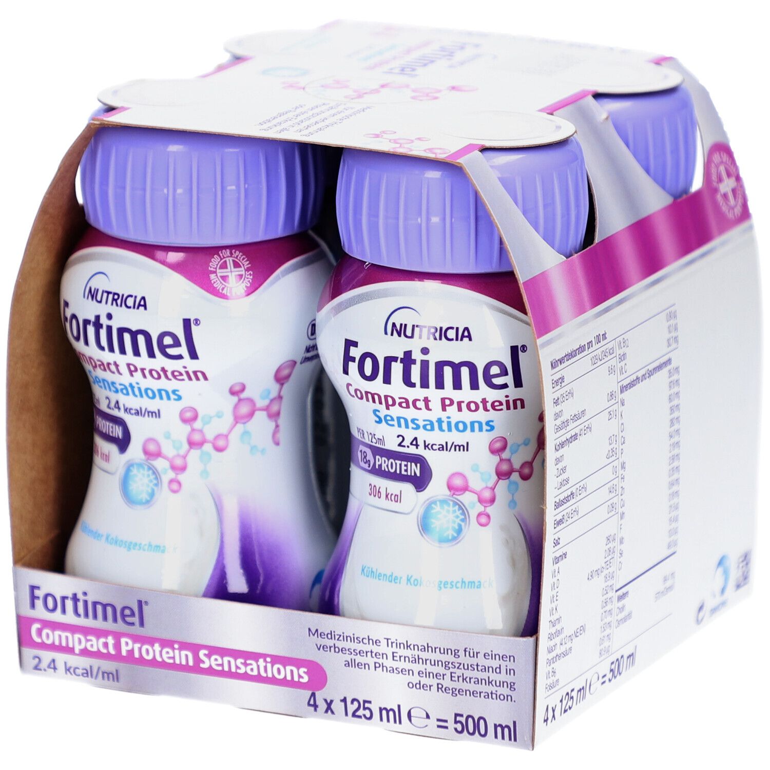 Packung mit vier Flaschen FORTIMEL Compact Protein. Lila Deckel, weißes Etikett mit Produktinformationen. Kühle Kokosnuss.