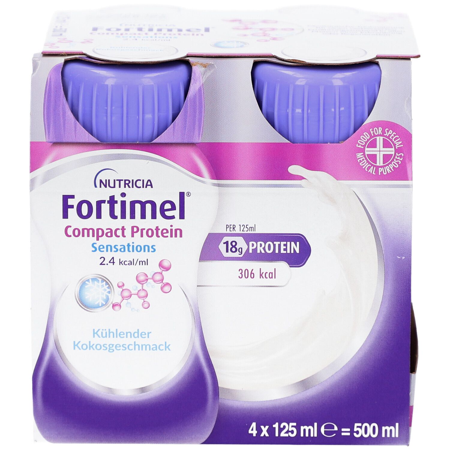 Zwei Flaschen FORTIMEL Compact Protein. Lila Deckel, weißes Etikett mit Produktinformationen. Kühle Kokosnuss.