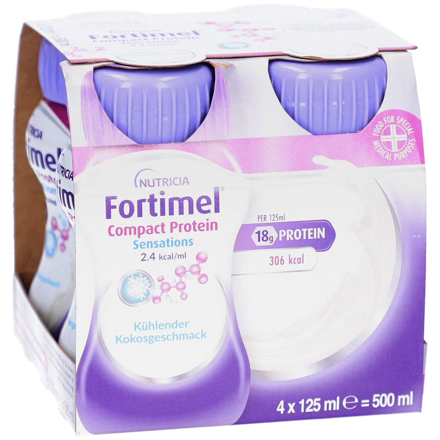 Zwei Flaschen FORTIMEL Compact Protein. Lila Deckel, weißes Etikett mit Produktinformationen. Kühle Kokosnuss.