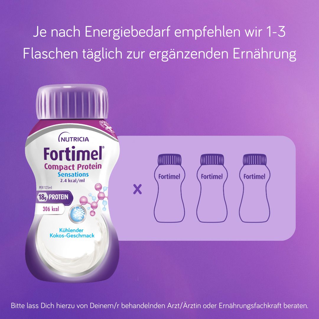 Fortimel Compact Protein Sensations Kokos. Flasche mit lila Deckel. Empfehlung: 1-3 Flaschen täglich. 3 Flaschen-Illustration.