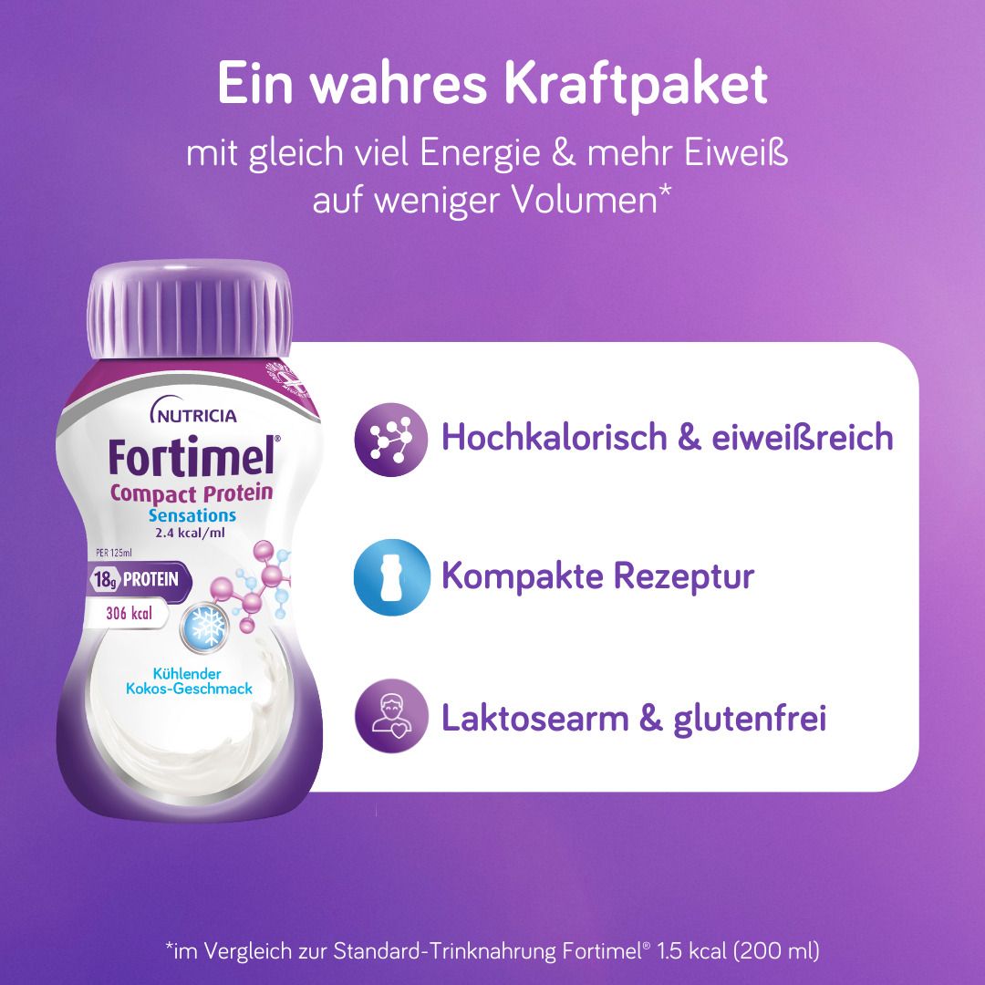 Fortimel Compact Protein Sensations Kokos. Hochkalorisch & eiweißreich, kompakte Rezeptur, laktosearm & glutenfrei.