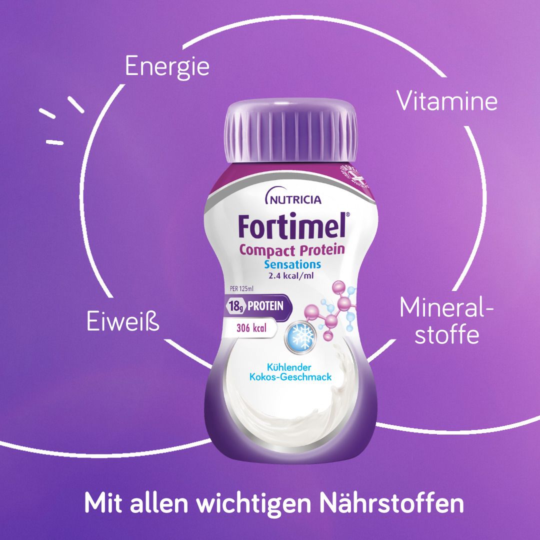 Fortimel Compact Protein Sensations Kokos. Flasche mit lila Deckel. Enthält Eiweiß, Energie, Vitamine und Mineralstoffe. Mit allen wichtigen Nährstoffen.