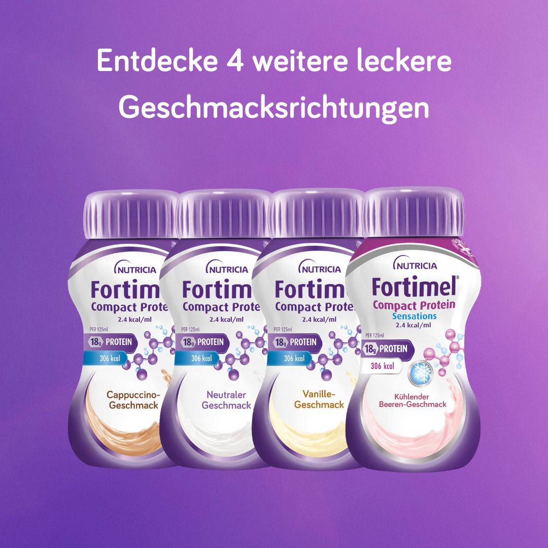 Fortimel Compact Protein Sensations. 4 Geschmacksrichtungen: Cappuccino, neutral, Vanille, kühler Beeren-Geschmack.