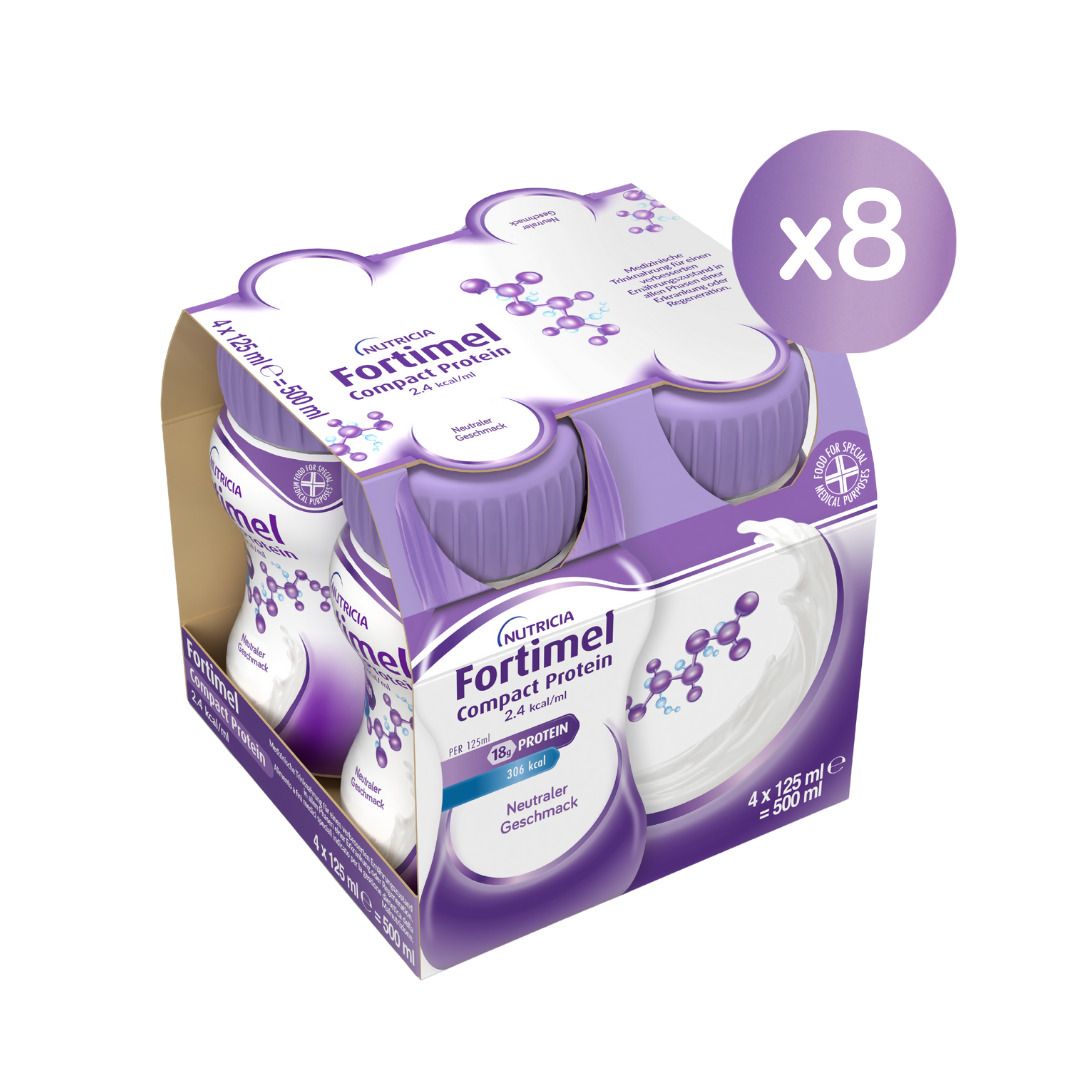 Packung mit 8 Flaschen FORTIMEL Compact Protein 2.4 kcal neutral. Jede Flasche ist in einer Halterung verpackt.