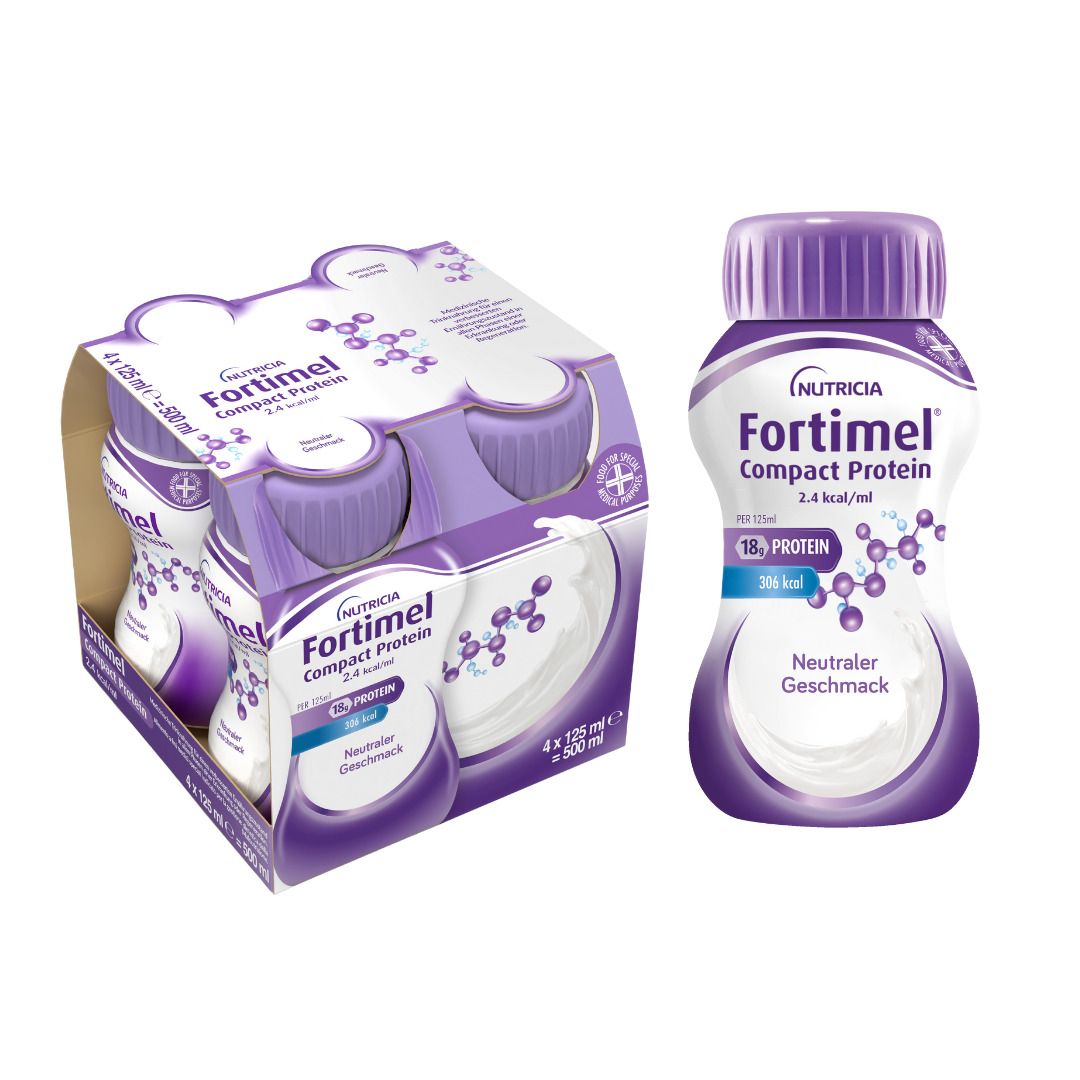 Packung mit 4 Flaschen FORTIMEL Compact Protein. Eine Flasche daneben. Lila Deckel, weißes Etikett.