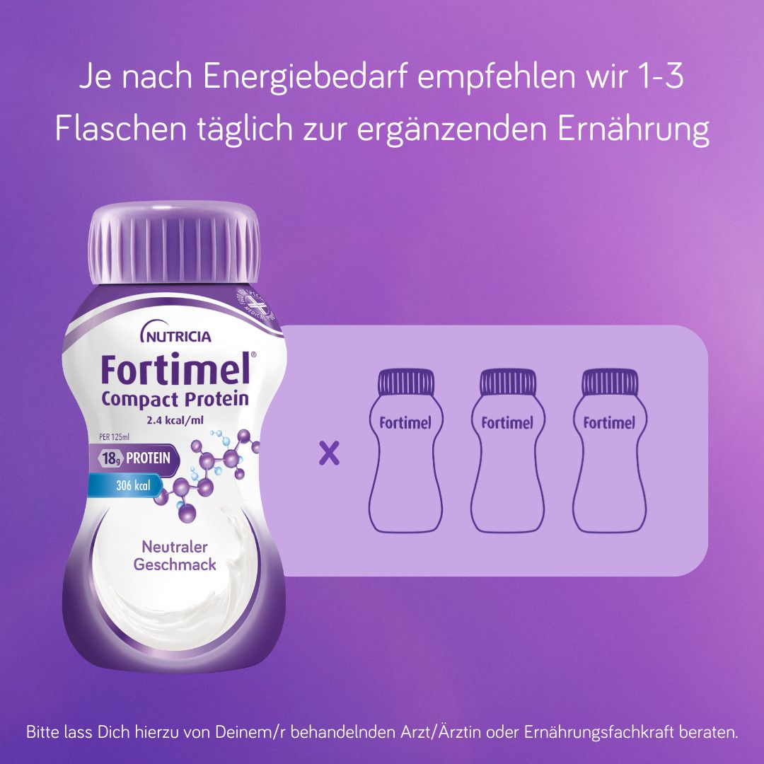 Flasche FORTIMEL Compact Protein neben 3 Flaschen-Symbolen. Empfehlung: 1-3 Flaschen täglich.