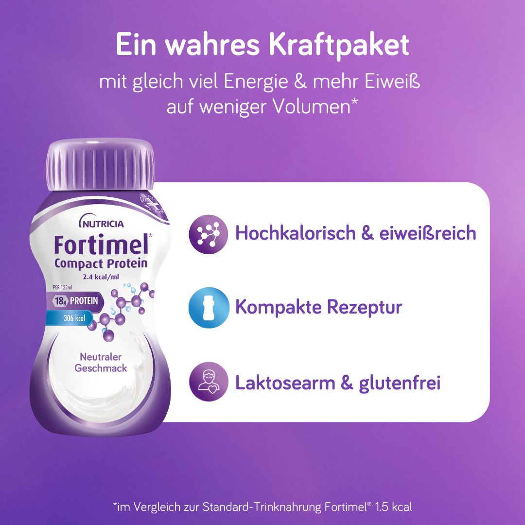 Flasche FORTIMEL Compact Protein. Hochkalorisch & eiweißreich, kompakte Rezeptur, laktosearm & glutenfrei.