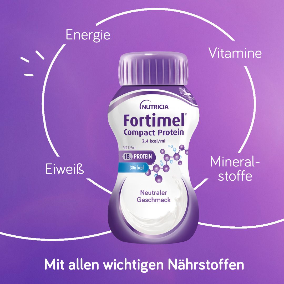Flasche FORTIMEL Compact Protein. Mit allen wichtigen Nährstoffen: Energie, Eiweiß, Vitamine, Mineralstoffe.