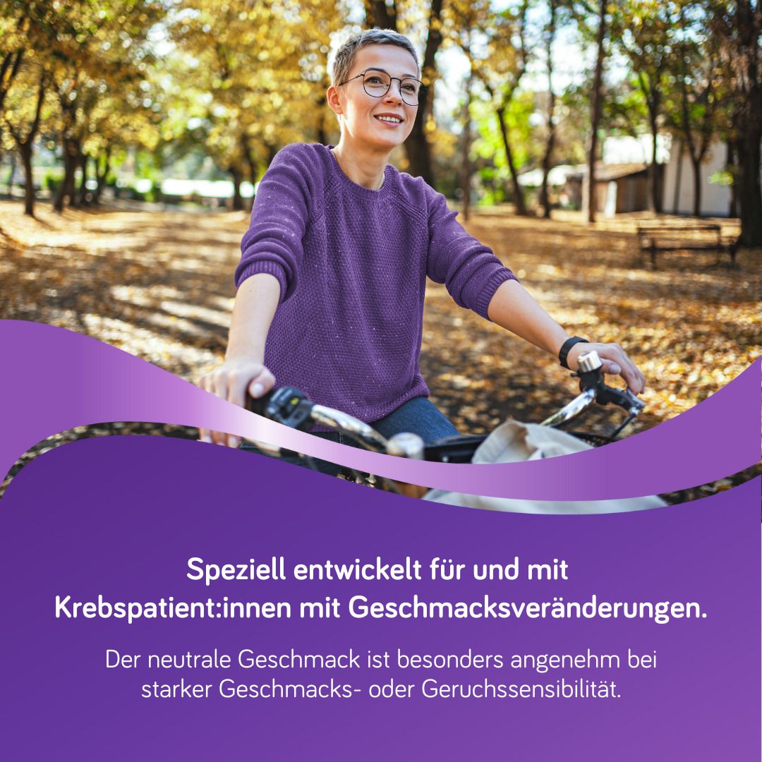 Frau auf Fahrrad. Text: Speziell für Krebspatienten mit Geschmacksveränderungen. Neutraler Geschmack.