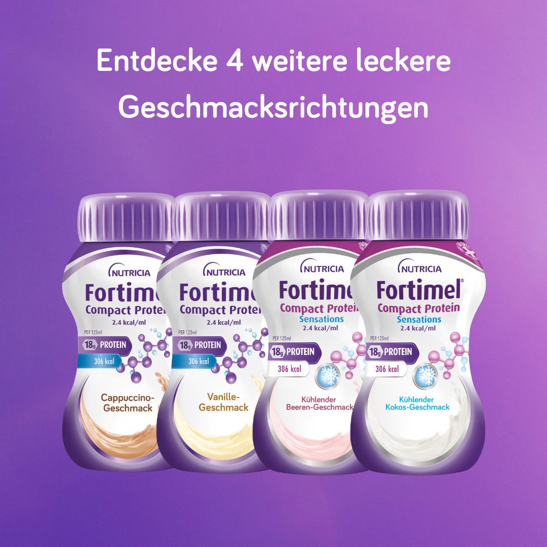 4 Flaschen FORTIMEL Compact Protein in verschiedenen Geschmacksrichtungen. Cappuccino, Vanille, Beeren, Kokos.