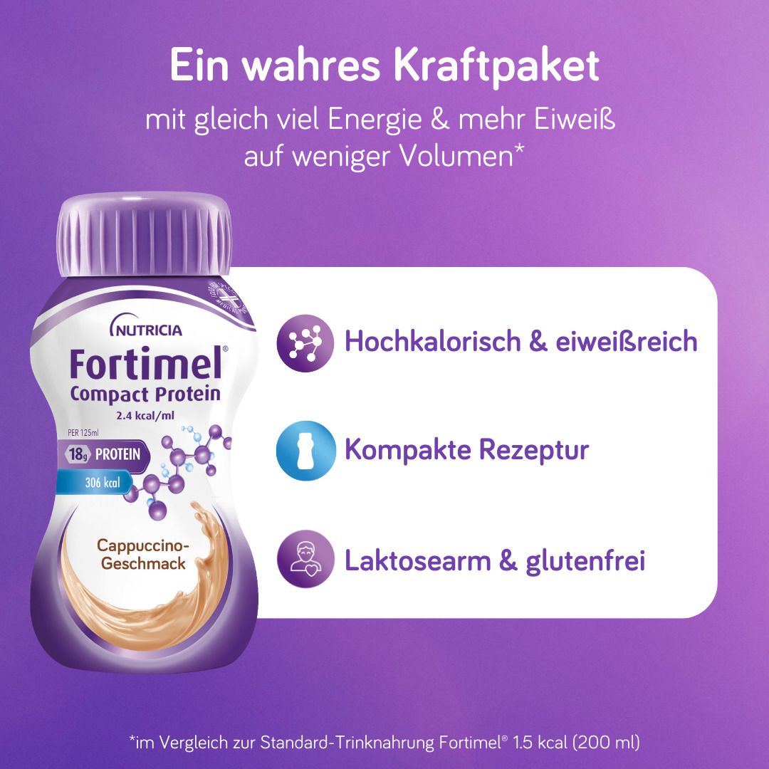 Eine Flasche Fortimel Compact Protein, Cappuccino-Geschmack. Text: Hochkalorisch & eiweißreich, Kompakte Rezeptur, Laktosearm & glutenfrei.