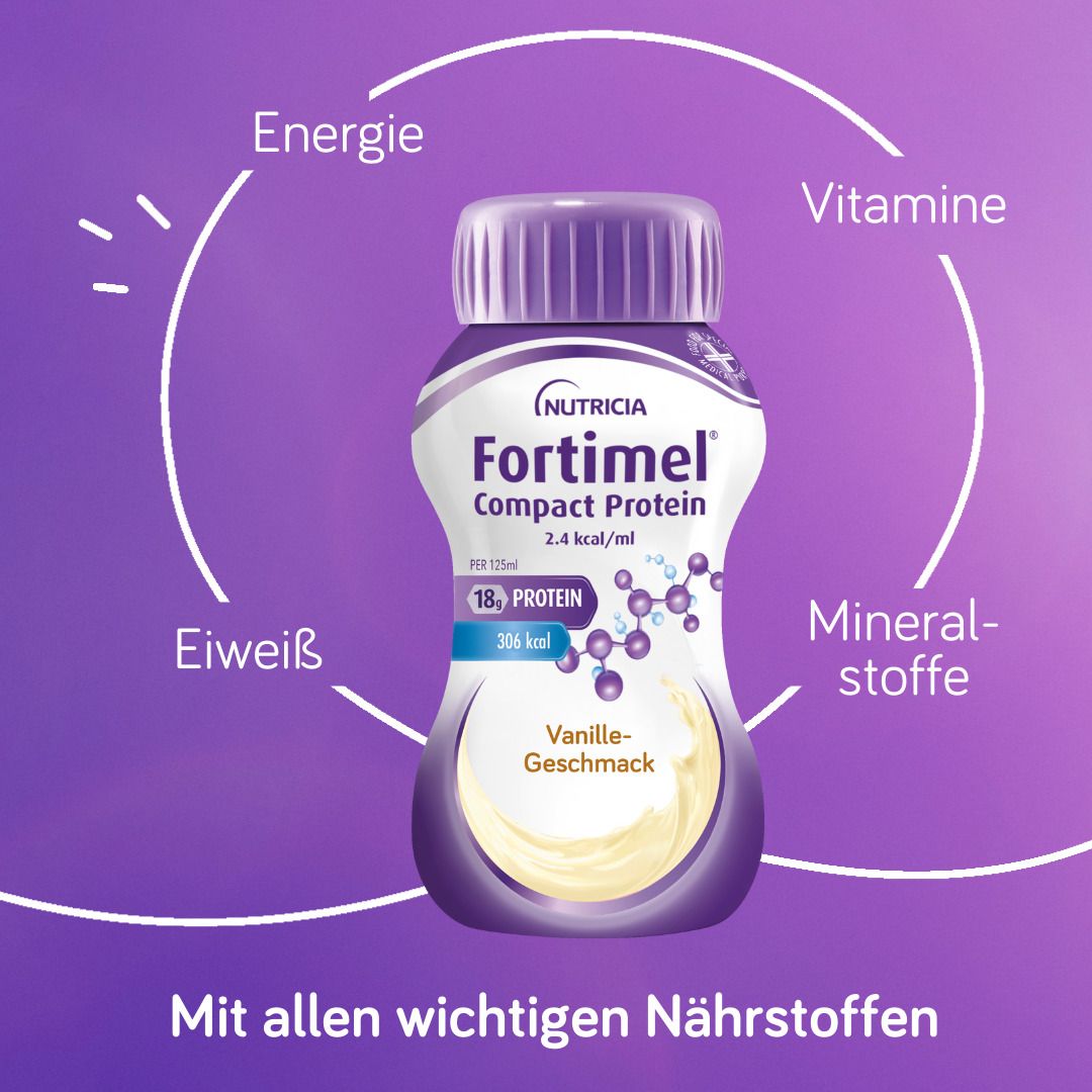 Eine Flasche Fortimel Compact Protein, Vanille-Geschmack. Grafiken mit Texten: Energie, Eiweiß, Vitamine, Mineralstoffe. Mit allen wichtigen Nährstoffen.