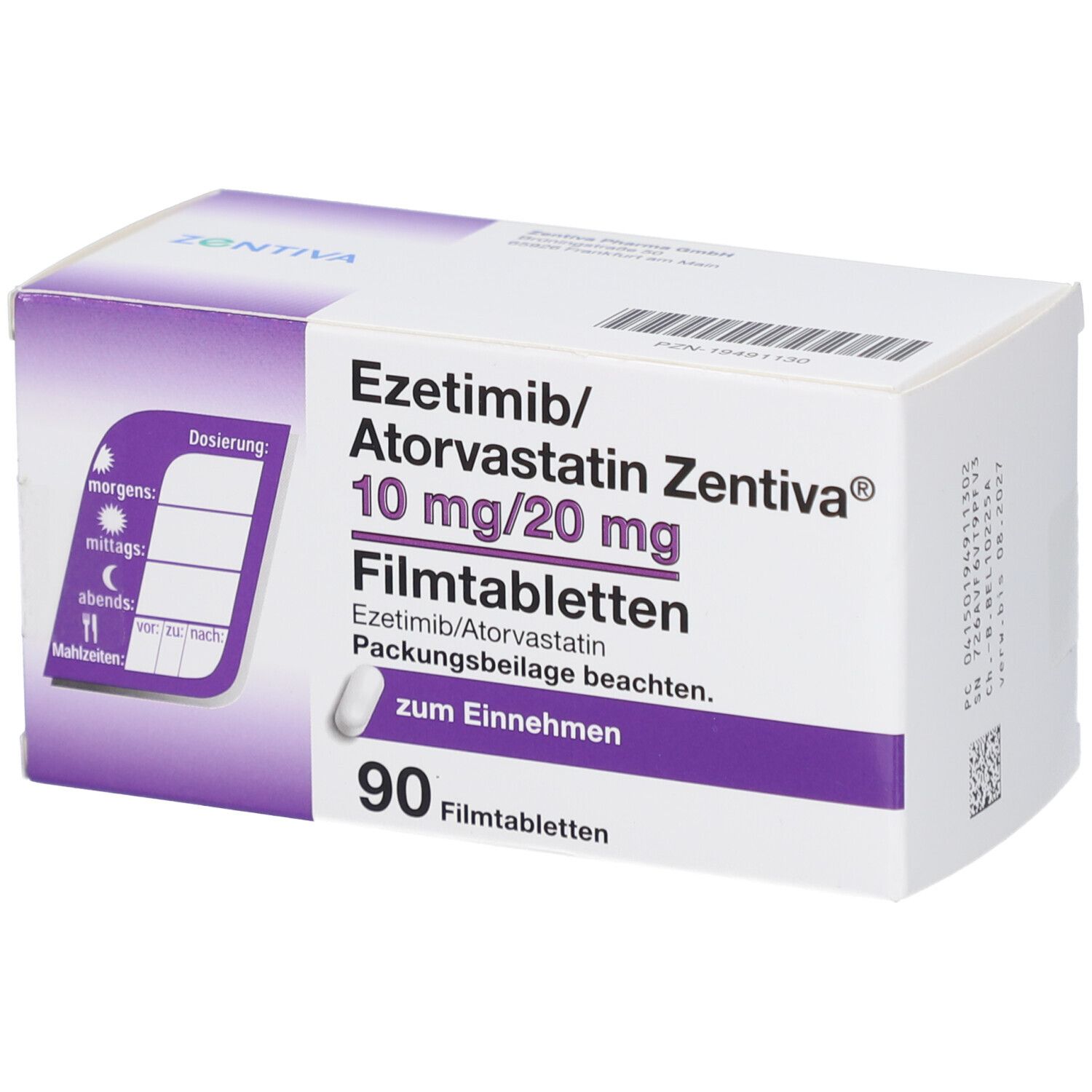 Schachtel mit EZETIMIB/Atorvastatin Zentiva 10 mg/20 mg Filmtab. Aufdruck: 90 Filmtabletten. Mit Dosierungsplan.