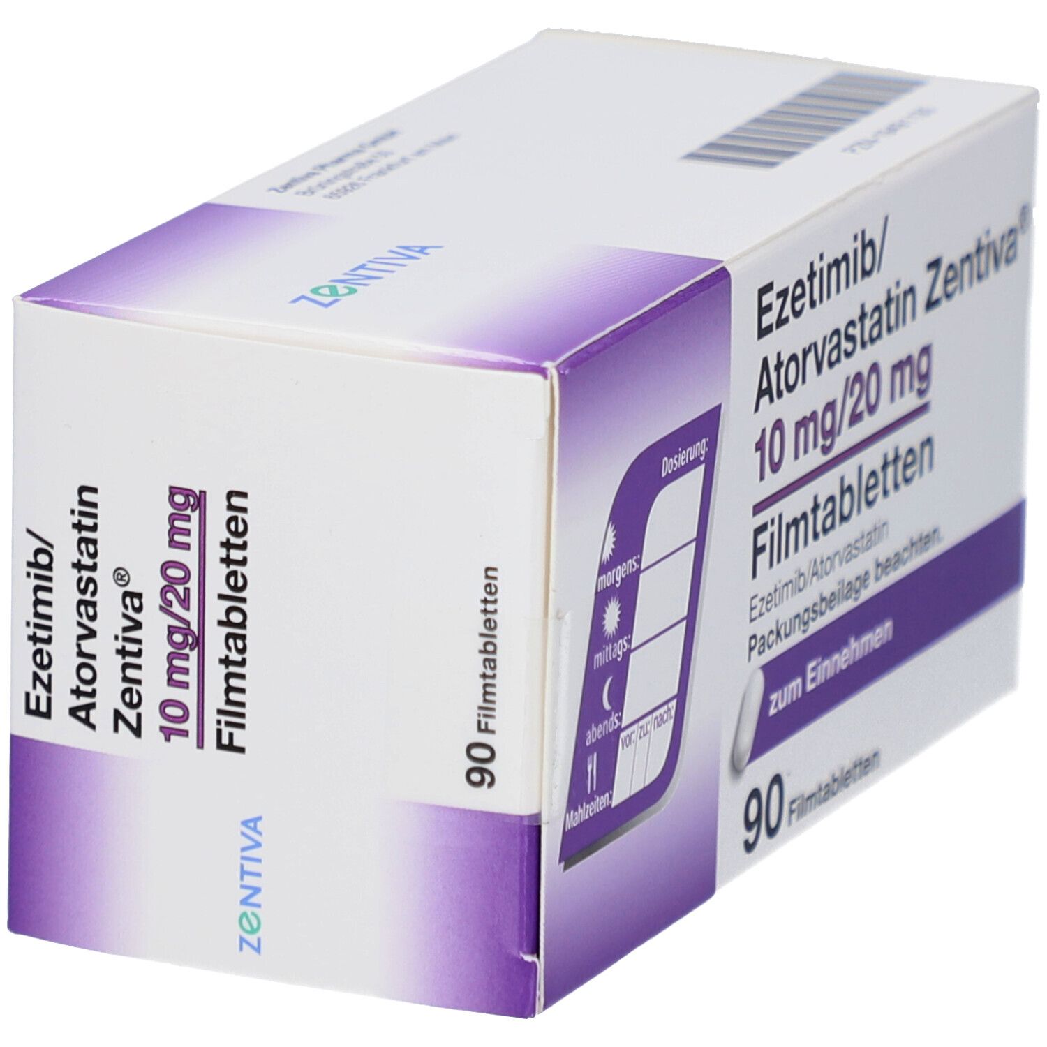 Schachtel EZETIMIB/Atorvastatin Zentiva 10 mg/20 mg Filmtab. Aufdruck: 90 Filmtabletten. Ansicht von der Seite.