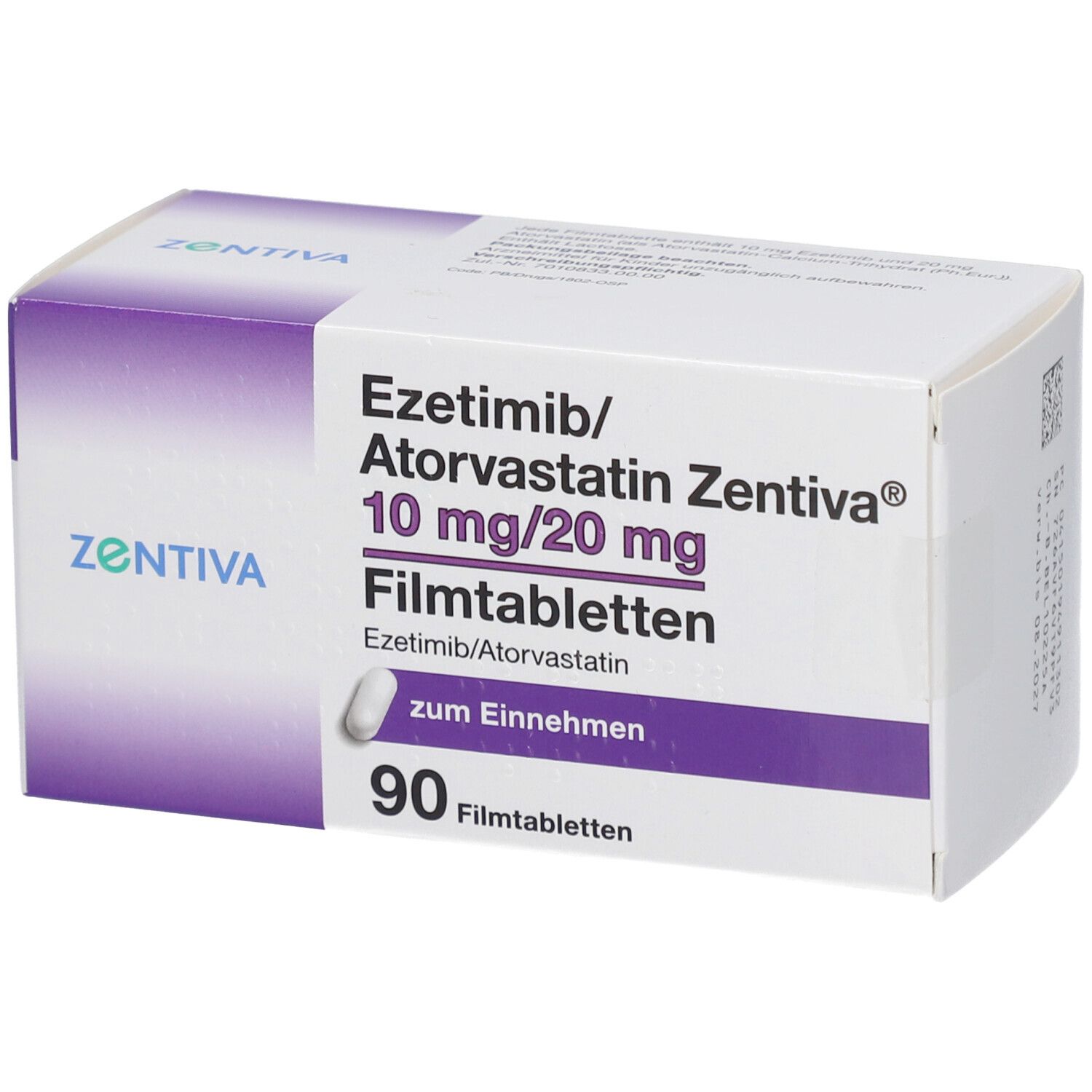 Schachtel EZETIMIB/Atorvastatin Zentiva 10 mg/20 mg Filmtab. Aufdruck: 90 Filmtabletten. Ansicht von vorne.