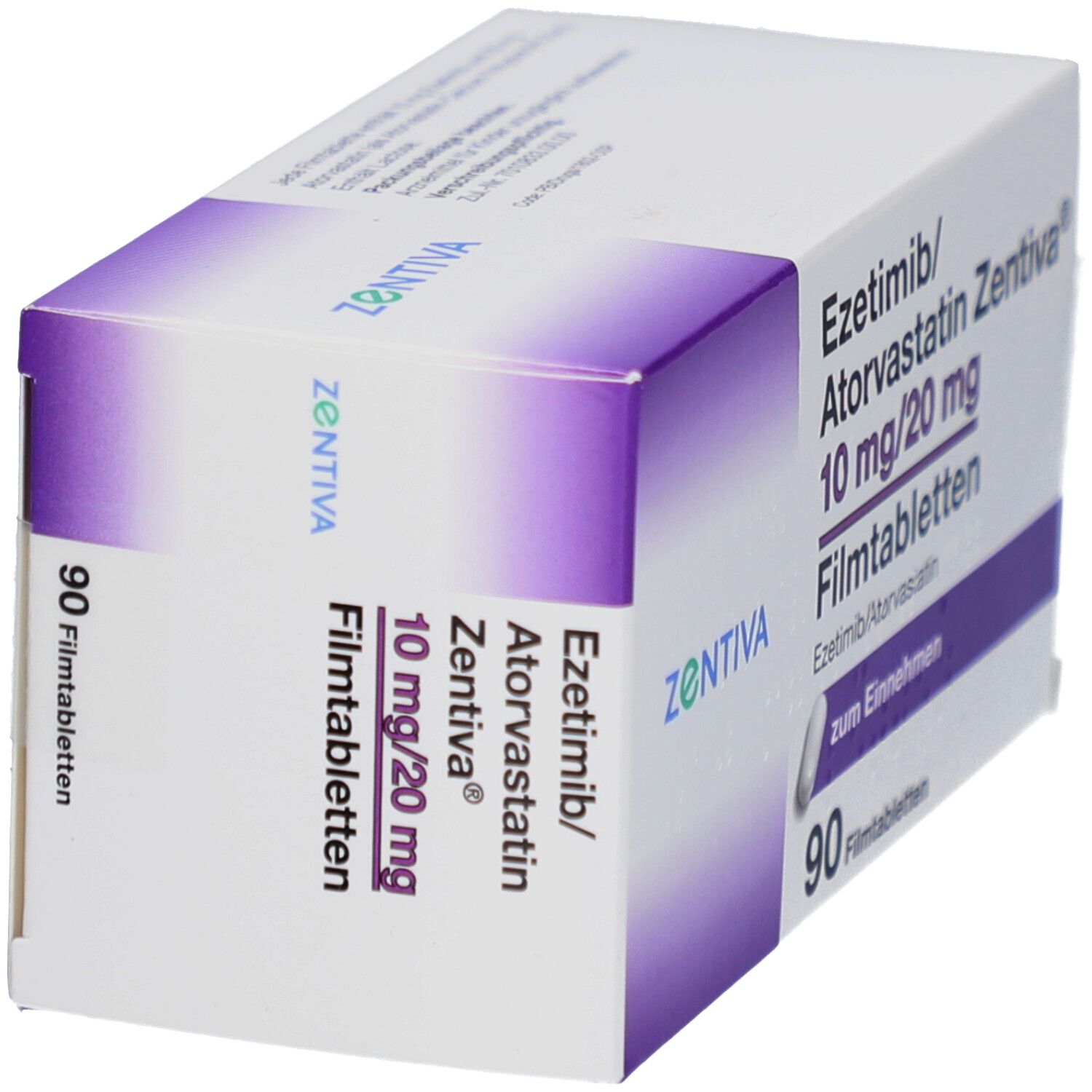 Schachtel EZETIMIB/Atorvastatin Zentiva 10 mg/20 mg Filmtab. Aufdruck: 90 Filmtabletten. Ansicht von der Seite.