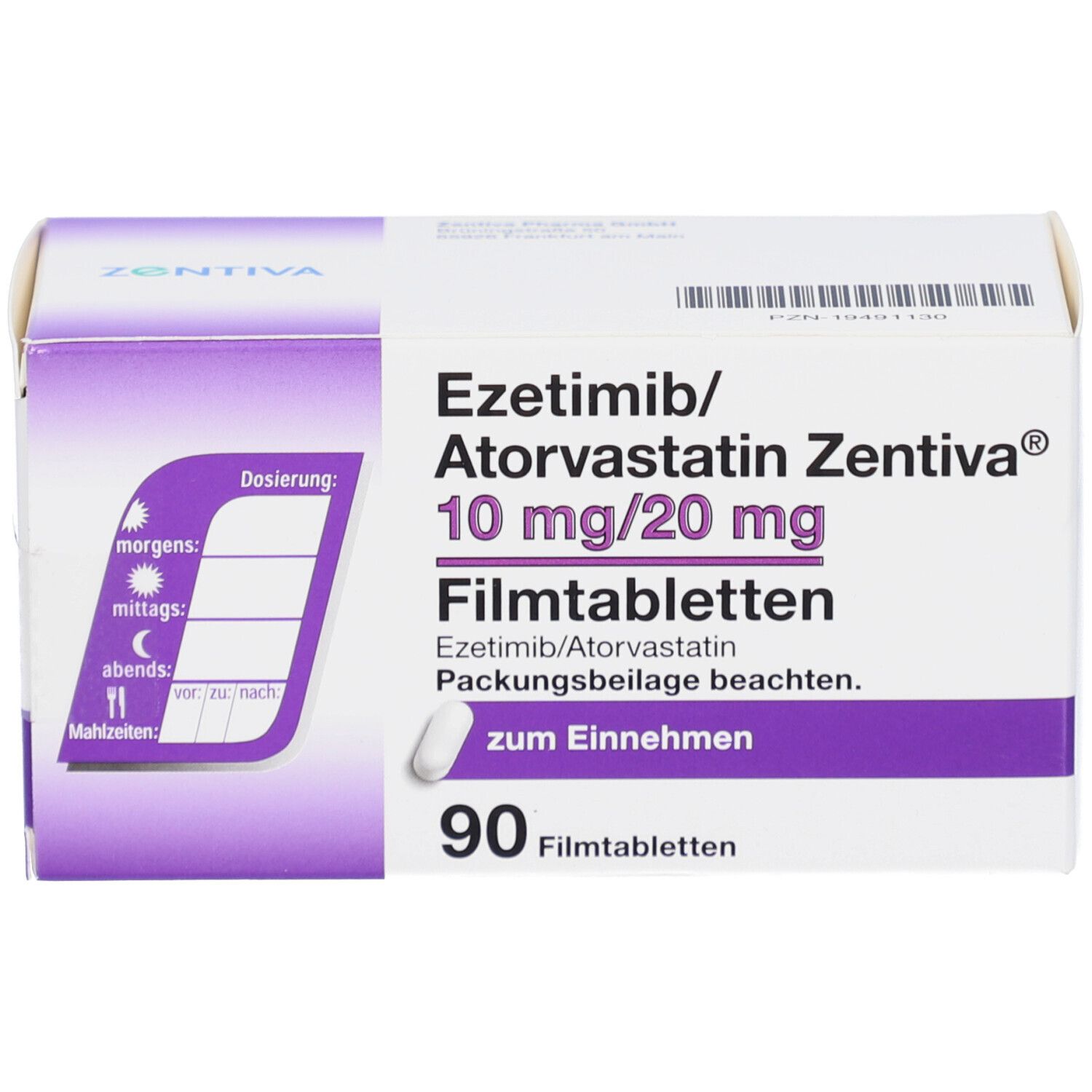 Schachtel EZETIMIB/Atorvastatin Zentiva 10 mg/20 mg Filmtab. Aufdruck: 90 Filmtabletten. Mit Dosierungsplan.