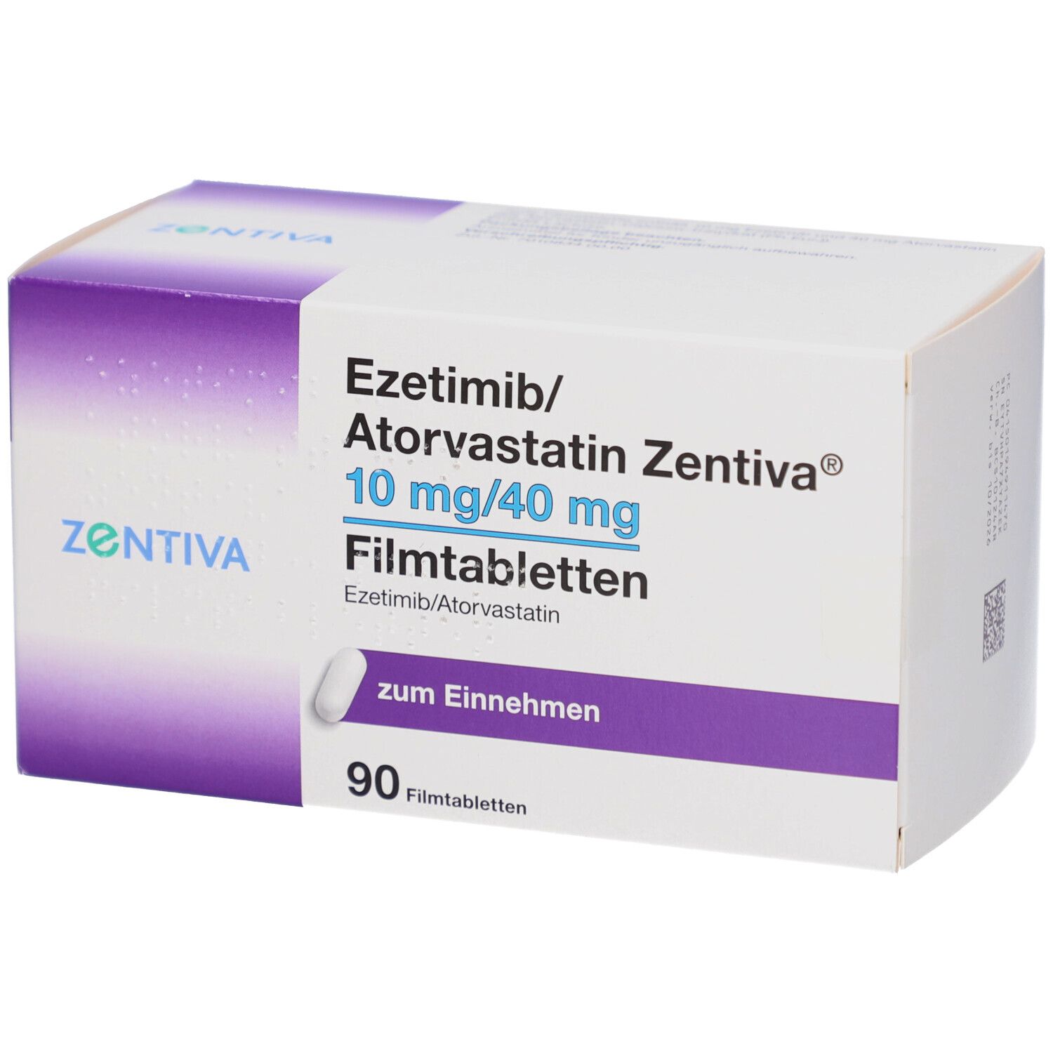 Schachtel mit EZETIMIB/Atorvastatin Zentiva 10 mg/40 mg Filmtabletten. Enthält 90 Tabletten. Marke und Produktbezeichnung deutlich sichtbar.