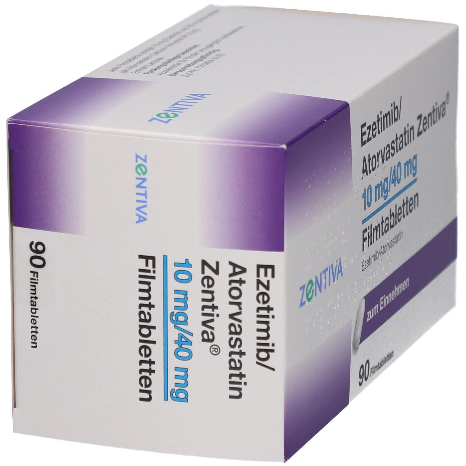 Schachtel mit EZETIMIB/Atorvastatin Zentiva 10 mg/40 mg Filmtabletten. 90 Tabletten. Marke und Produktbezeichnung deutlich sichtbar.
