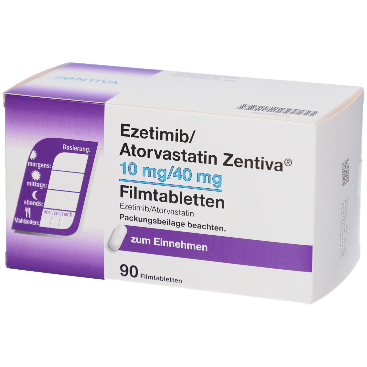 Schachtel mit EZETIMIB/Atorvastatin Zentiva 10 mg/40 mg Filmtabletten. Enthält 90 Tabletten. Dosierungshinweis auf der Packung.