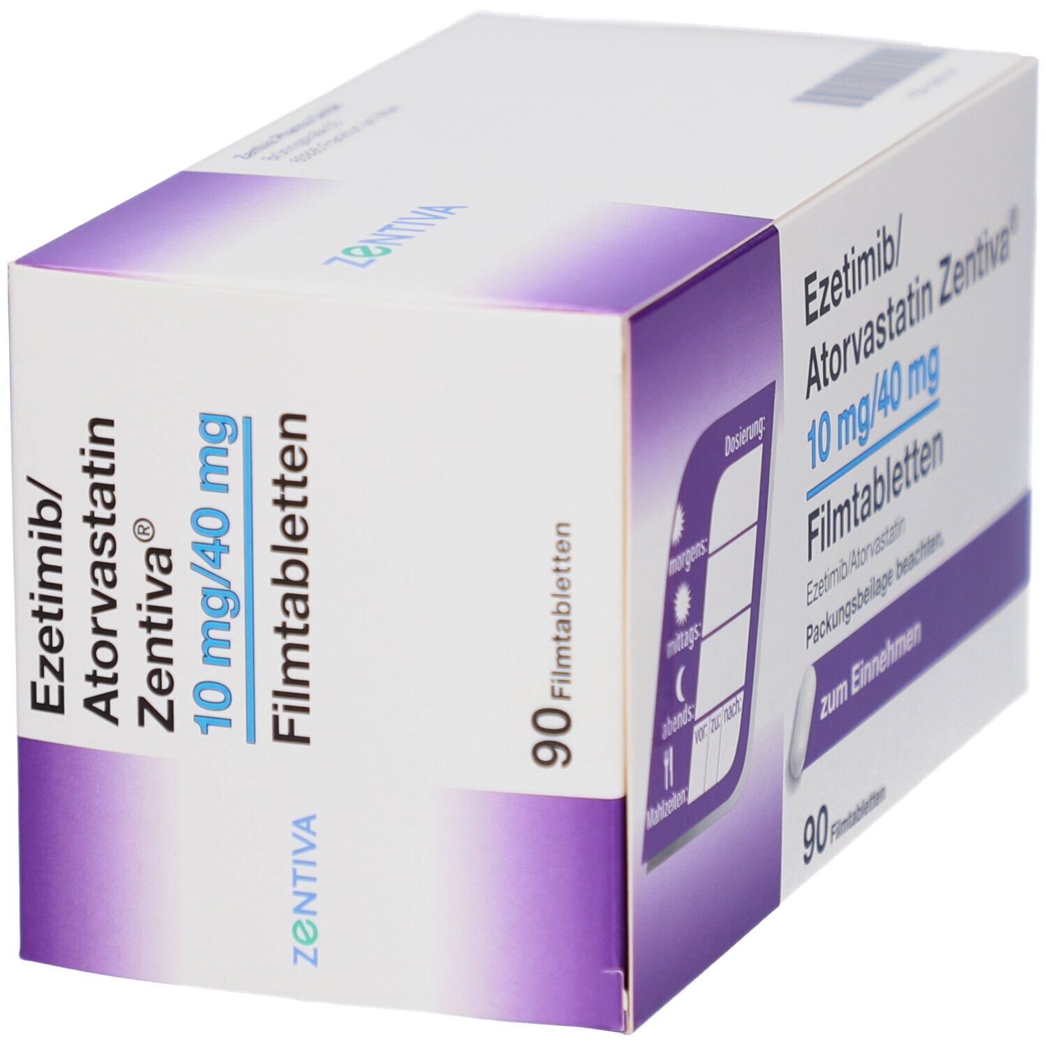 Schachtel mit EZETIMIB/Atorvastatin Zentiva 10 mg/40 mg Filmtabletten. 90 Tabletten. Dosierungshinweis auf der Packung.