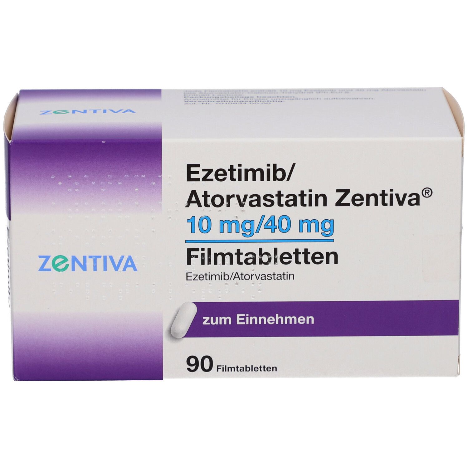 Schachtel mit EZETIMIB/Atorvastatin Zentiva 10 mg/40 mg Filmtabletten. 90 Tabletten. Marke und Produktbezeichnung deutlich sichtbar.