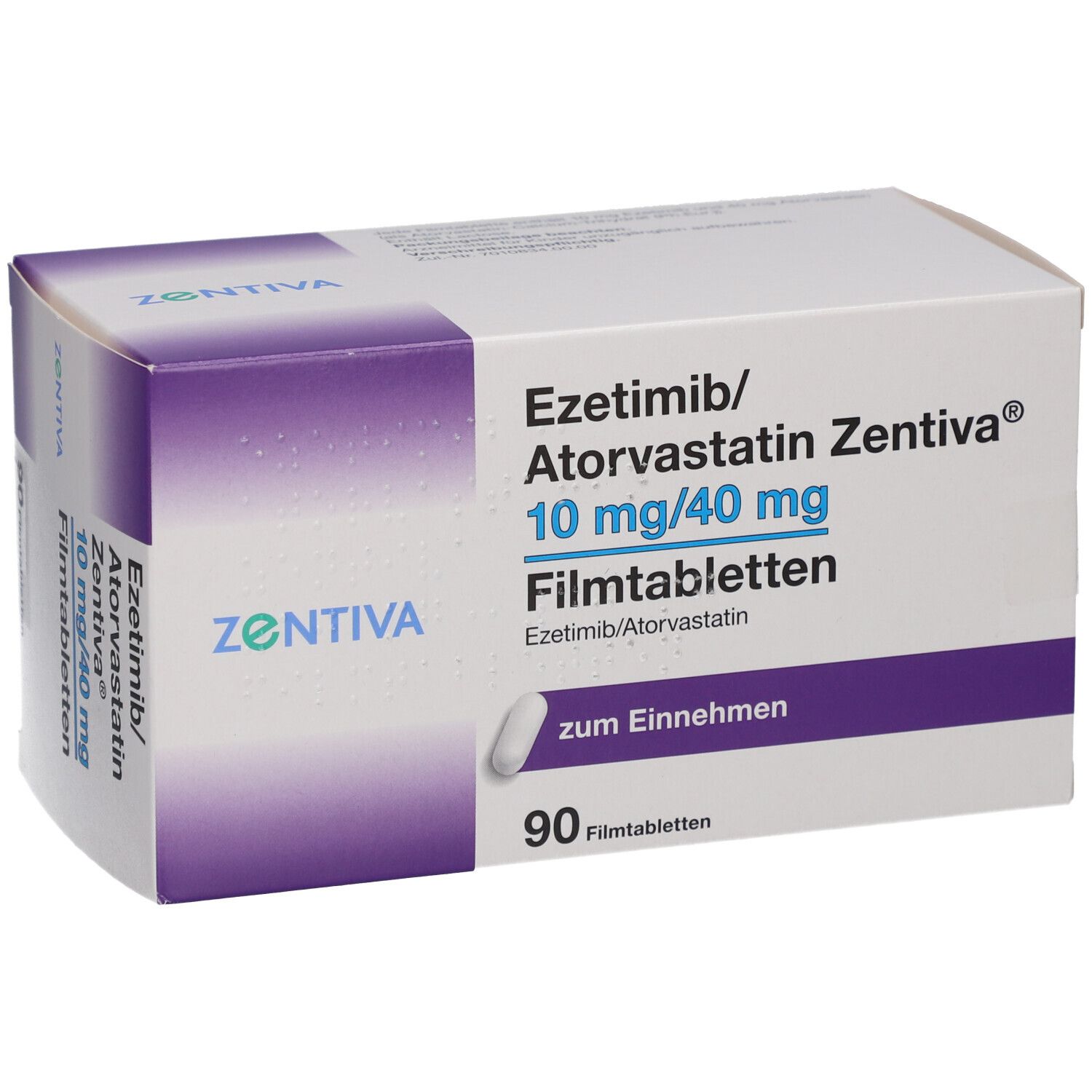Schachtel mit EZETIMIB/Atorvastatin Zentiva 10 mg/40 mg Filmtabletten. 90 Tabletten. Marke und Produktbezeichnung deutlich sichtbar.