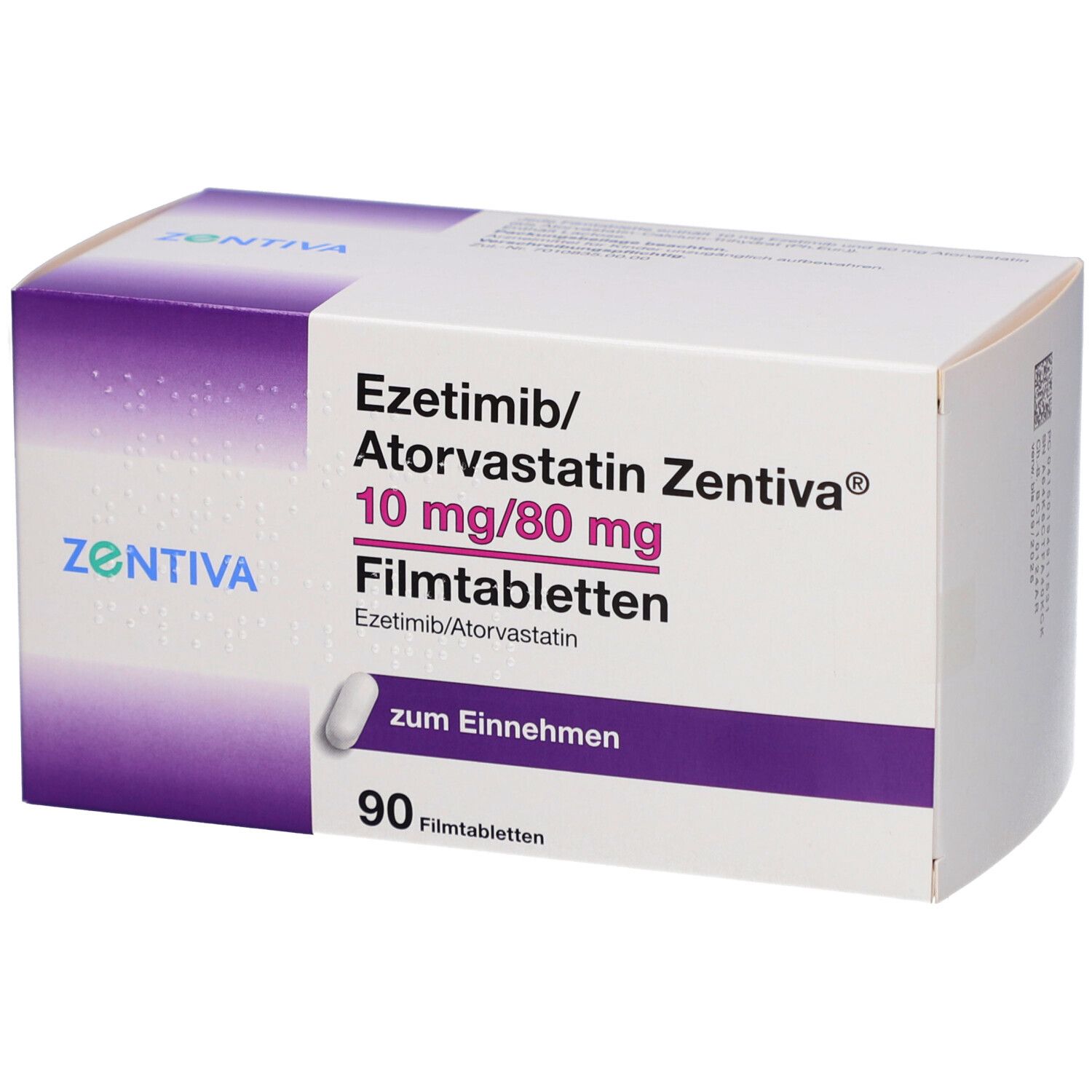 Schachtel mit EZETIMIB/Atorvastatin Zentiva 10 mg/80 mg Filmtab. 90 Filmtabletten. Aufdruck: Ezetimib/Atorvastatin, zum Einnehmen.