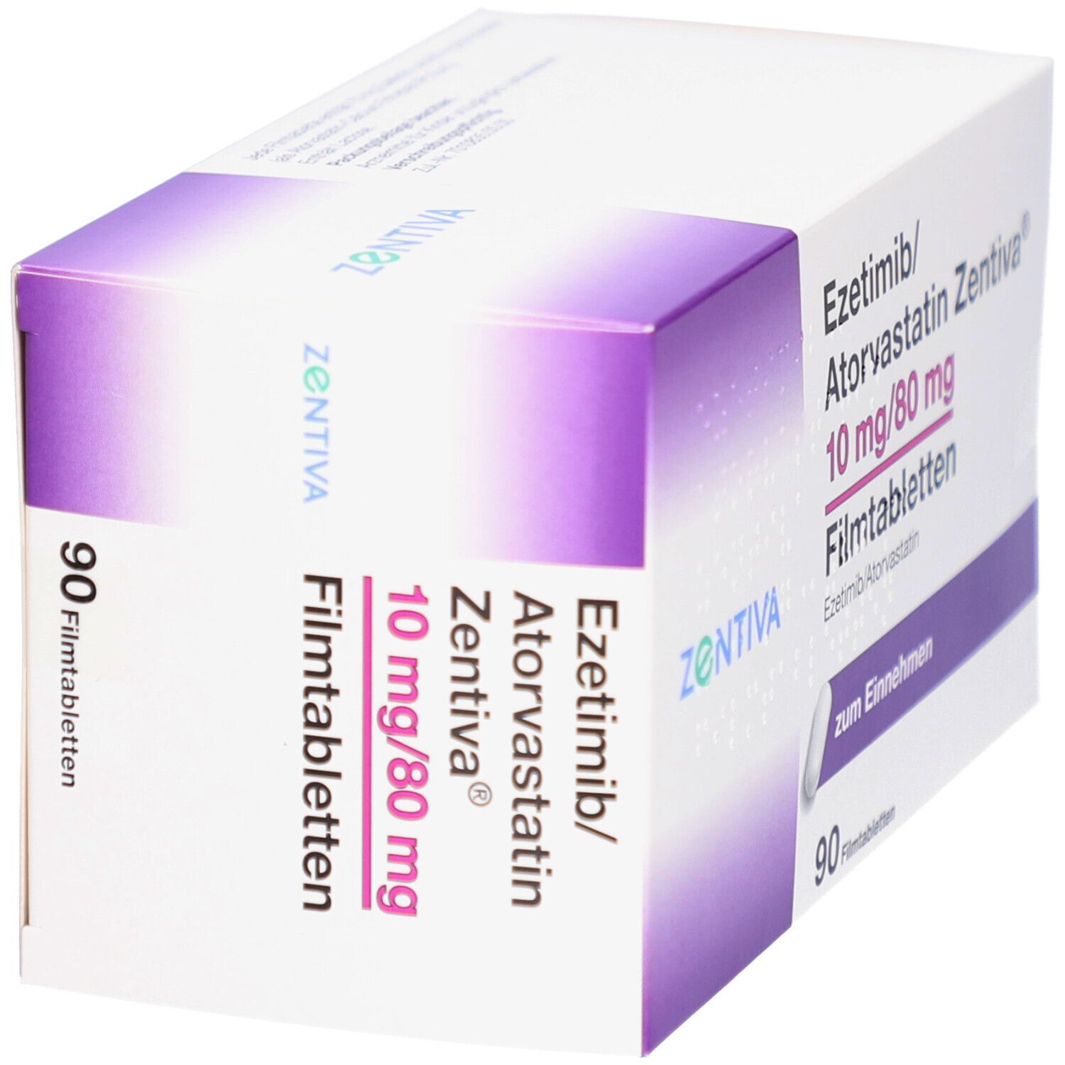 Schachtel EZETIMIB/Atorvastatin Zentiva 10 mg/80 mg Filmtab. 90 Filmtabletten. Aufdruck: Ezetimib/Atorvastatin, zum Einnehmen. Ansicht schräg.