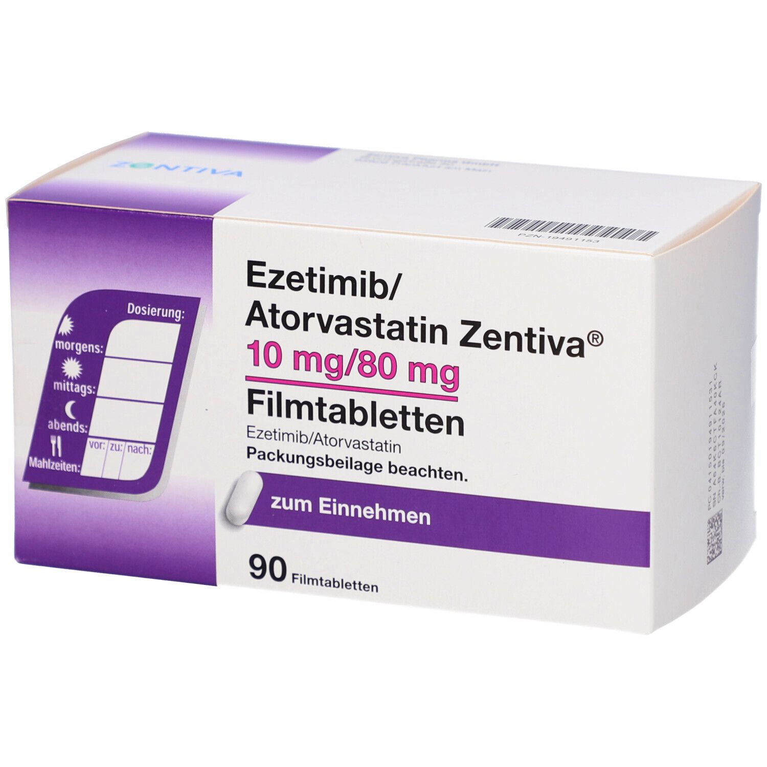 Schachtel EZETIMIB/Atorvastatin Zentiva 10 mg/80 mg Filmtab. 90 Filmtabletten. Mit Dosierungsplan. Aufdruck: Ezetimib/Atorvastatin, zum Einnehmen.