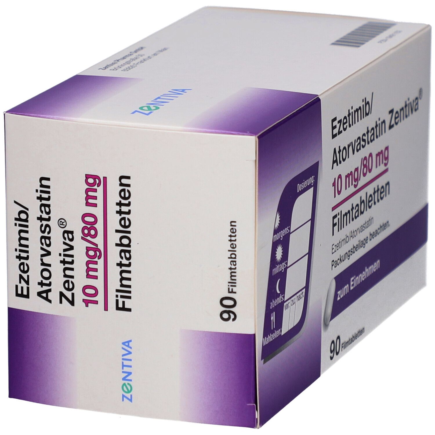 Schachtel EZETIMIB/Atorvastatin Zentiva 10 mg/80 mg Filmtab. 90 Filmtabletten. Mit Dosierungsplan. Schräge Ansicht. Aufdruck: Ezetimib/Atorvastatin.