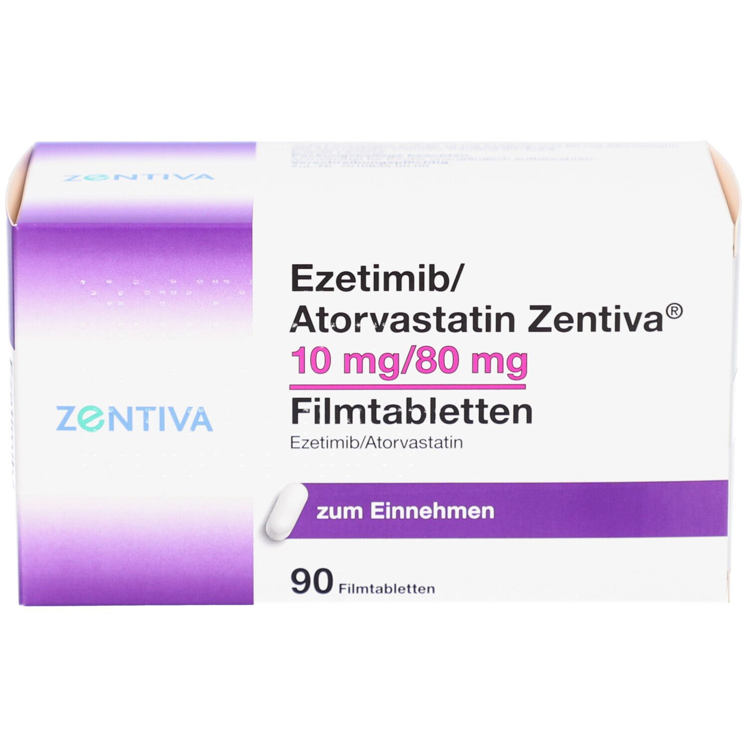 Schachtel EZETIMIB/Atorvastatin Zentiva 10 mg/80 mg Filmtab. 90 Filmtabletten. Aufdruck: Ezetimib/Atorvastatin, zum Einnehmen.