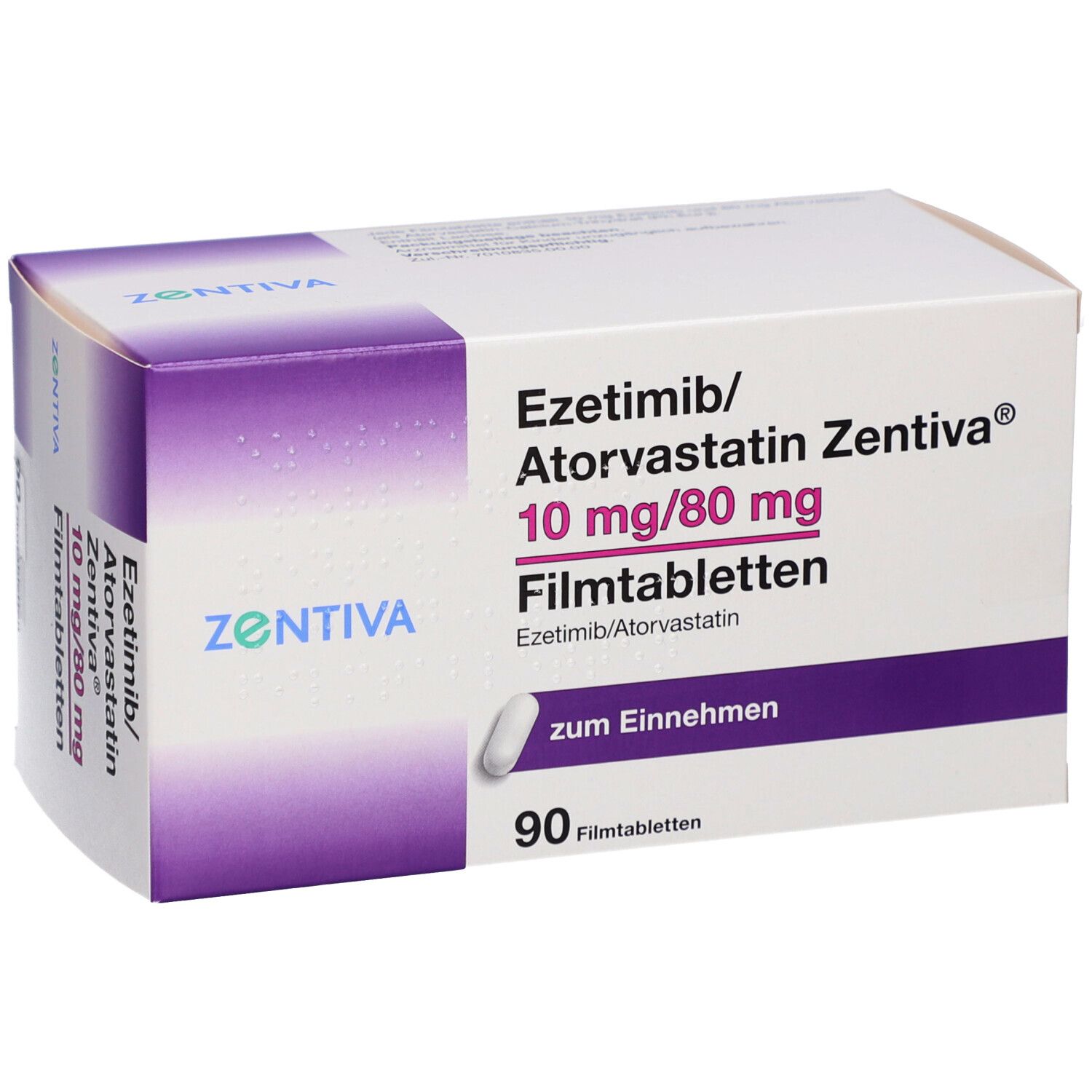Schachtel EZETIMIB/Atorvastatin Zentiva 10 mg/80 mg Filmtab. 90 Filmtabletten. Aufdruck: Ezetimib/Atorvastatin, zum Einnehmen. Schrägansicht.